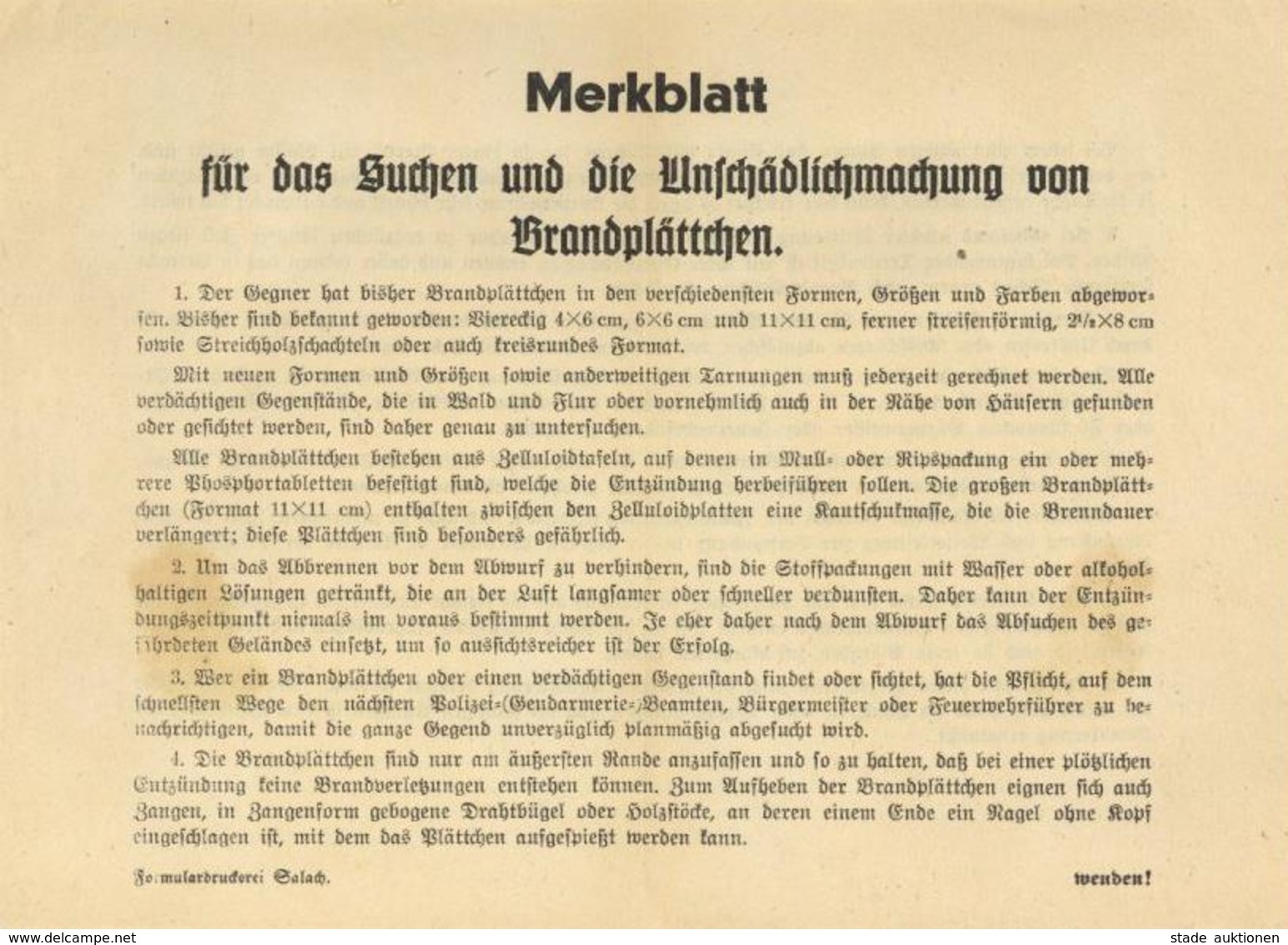 WK II Flugblatt Merkblatt Für Das Suchen Und Die Unschädlichmachung Von Brandplättchen II (Falz, Fleckig) - Weltkrieg 1939-45