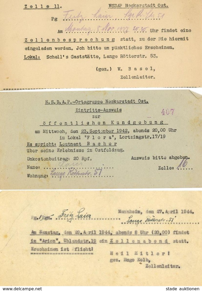 WK II Lot Mit über 20 Belegen Der NSDAP Meist Eiladungen Zu Zellenabnede Mannheim Und Neckarstadt II - Guerre 1939-45