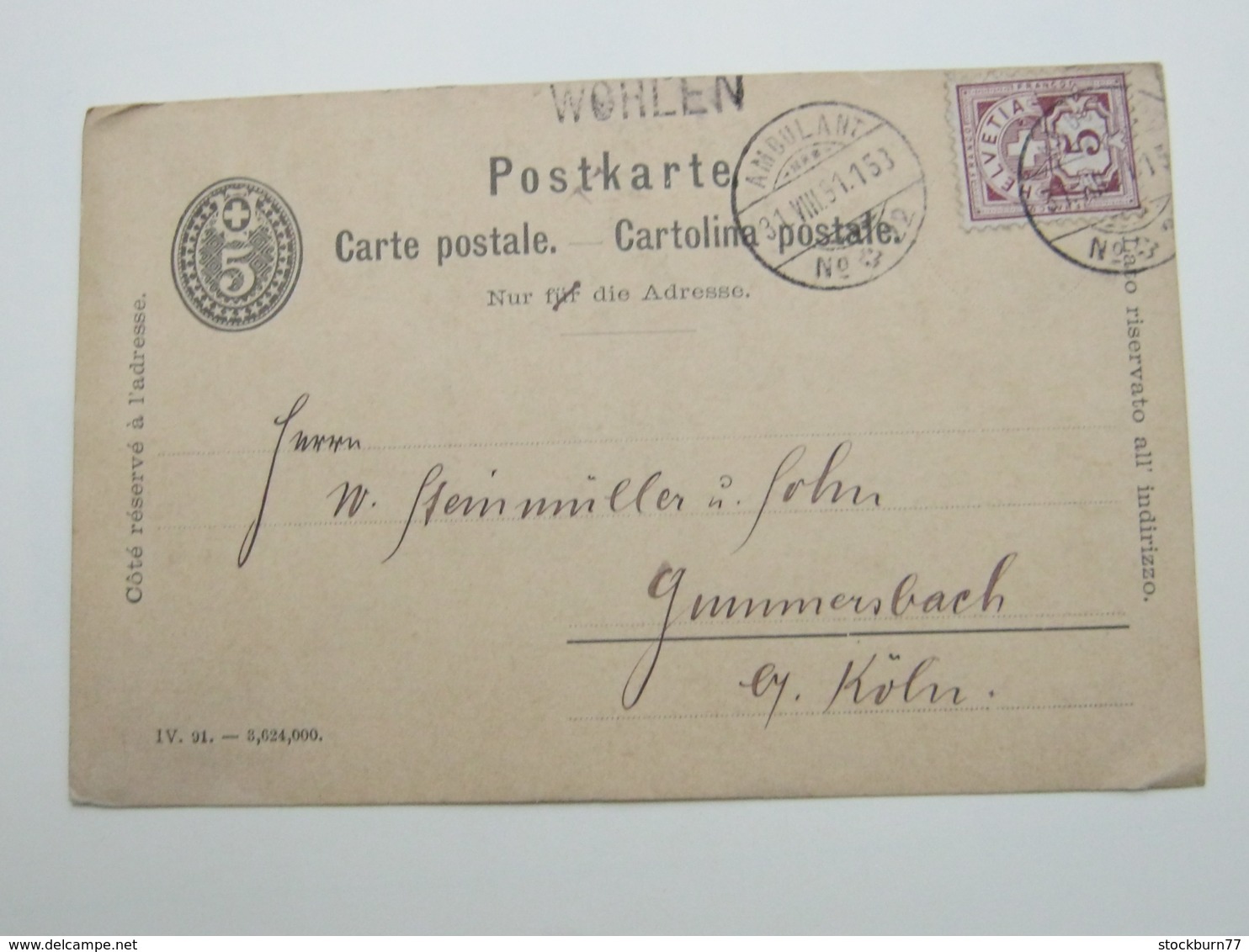 1891 , WOHLEN , Einzeiler Auf Ganzsache, Stempel Ambulant - Cartas & Documentos