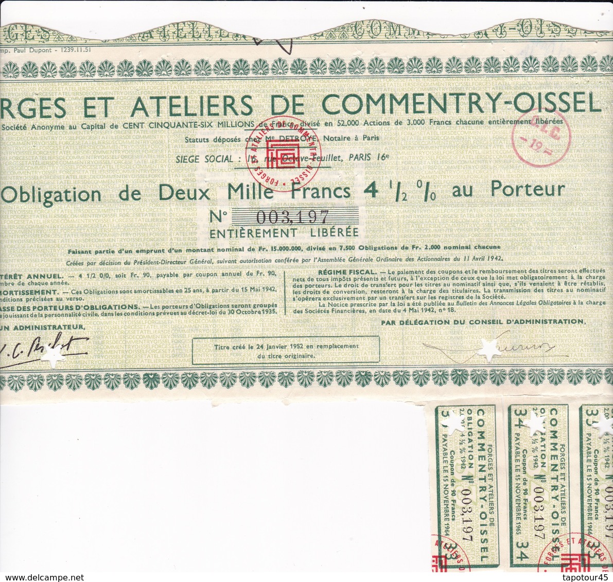 T 3	FORGES : COMMENTRY-OISSEL : Obligation De 2000 Frs		1952		N° 30 - Autres & Non Classés