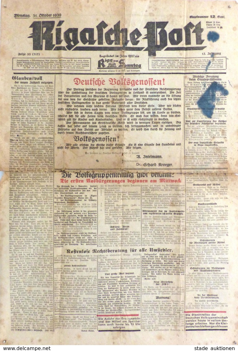 Buch WK II Zeitung Rigasche Post Thema Umsiedlung Lettland Deutsche II- (fleckig, Beschädigt) Journal - Weltkrieg 1939-45