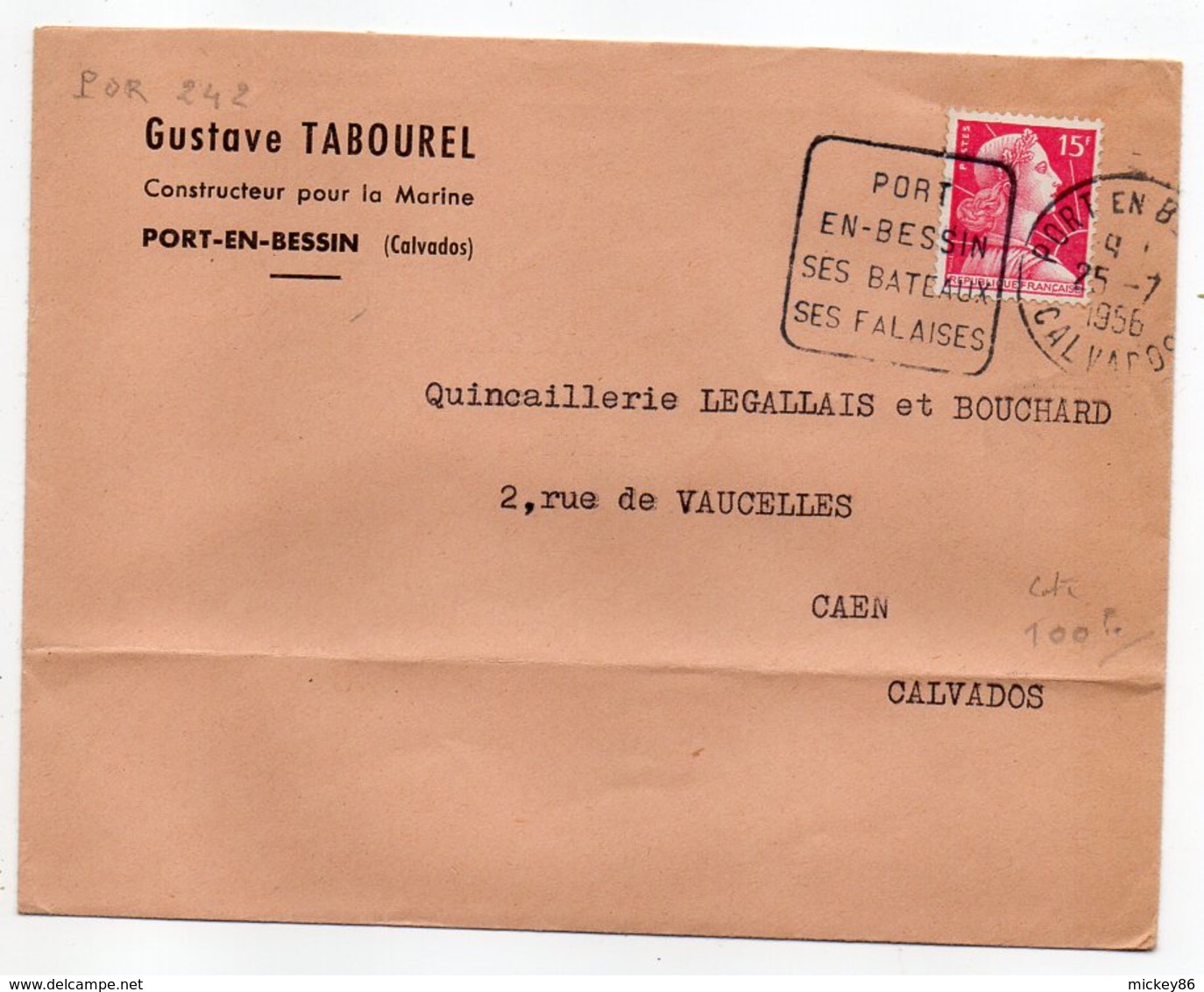 1956-Lettre De PORT EN BESSIN-14 Pour CAEN-14-cachet Daguin(Port,Bateaux,Falaises)-person. Gustave TABOUREL-marine - 1921-1960: Période Moderne