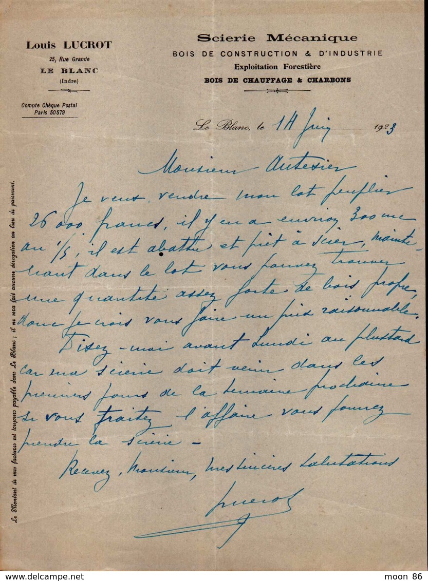 1923 - LETTRE A ENTETE - SCIERIE COMMERCE DE BOIS DE CONSTRUCTION ET D'INDUSTRIE EXPLOITATION FORESTIERE A LE BLANC 36 - 1900 – 1949