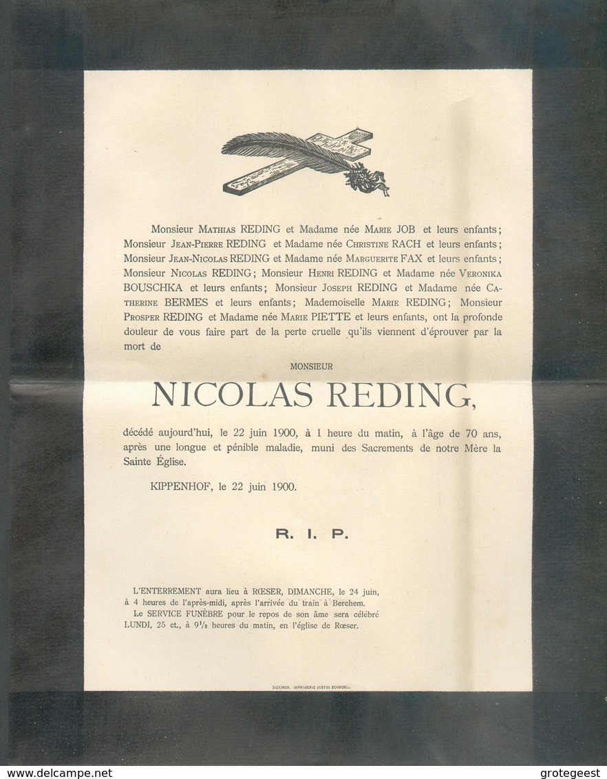 2c. ADOLPHE Obl. Dc DIEKIRCH Sur Faire-part De Deuil (NICOLAS REDING) Le 22-6-1900 Vers Bitrange (ex-KIPPENHOF). - 13491 - 1895 Adolfo Di Profilo