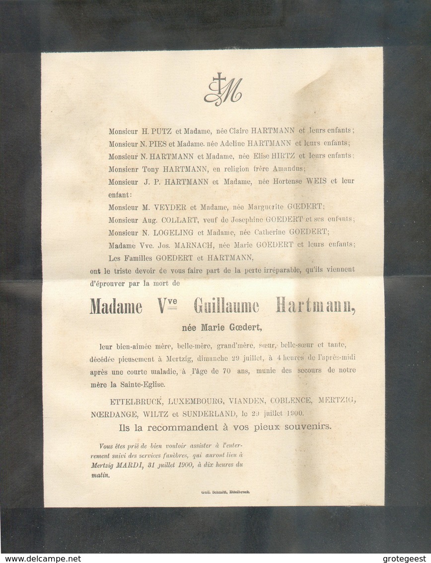 2c. ADOLPHE Obl. Dc ETTELBRUCK  Sur Faire-part De Deuil (Guillaume HARTMANN Goedert) Le 31-07-1900 Vers Birtrange  - 134 - 1895 Adolfo De Perfíl