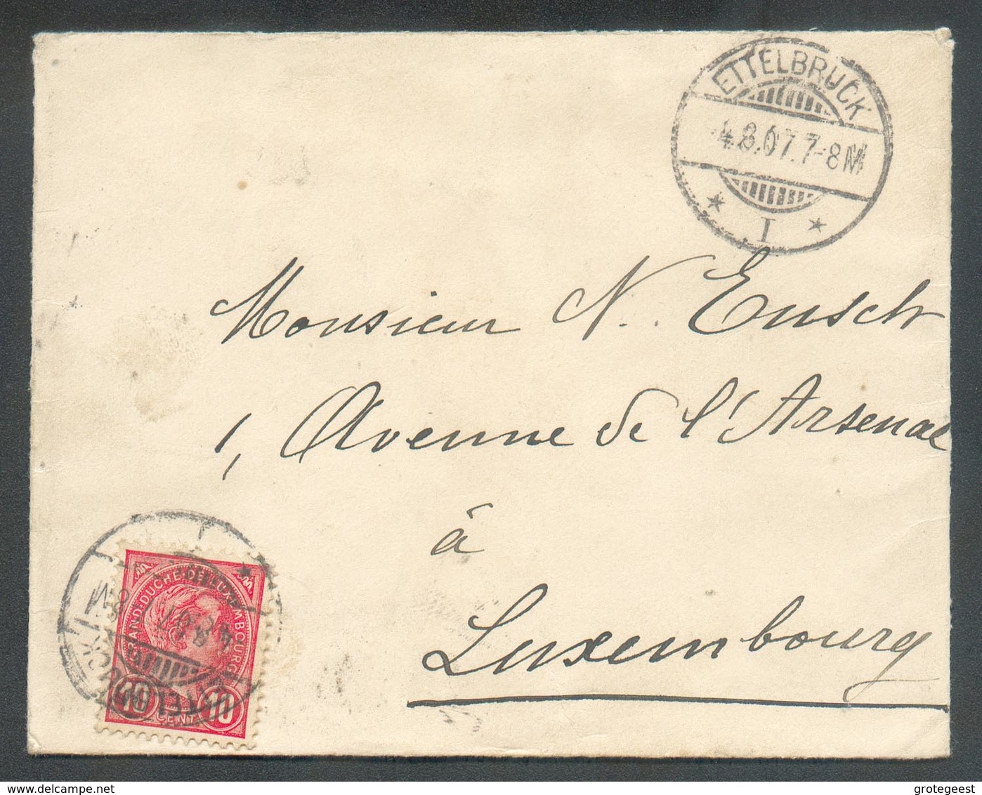 10c. ADOLPHE Obl. Dc ETTELBRUCK  Sur Enveloppe Le 4-8-1907 Vers Luxembourg - 13497 - 1895 Adolphe Right-hand Side