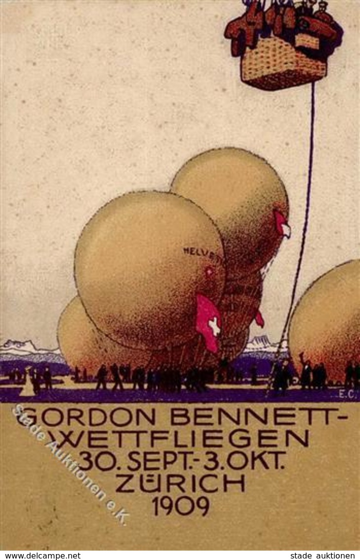 Ballon Zürich (8000) Schweiz Gordon Bennet Wettfliegen Künstlerkarte 1909 I-II - Montgolfières