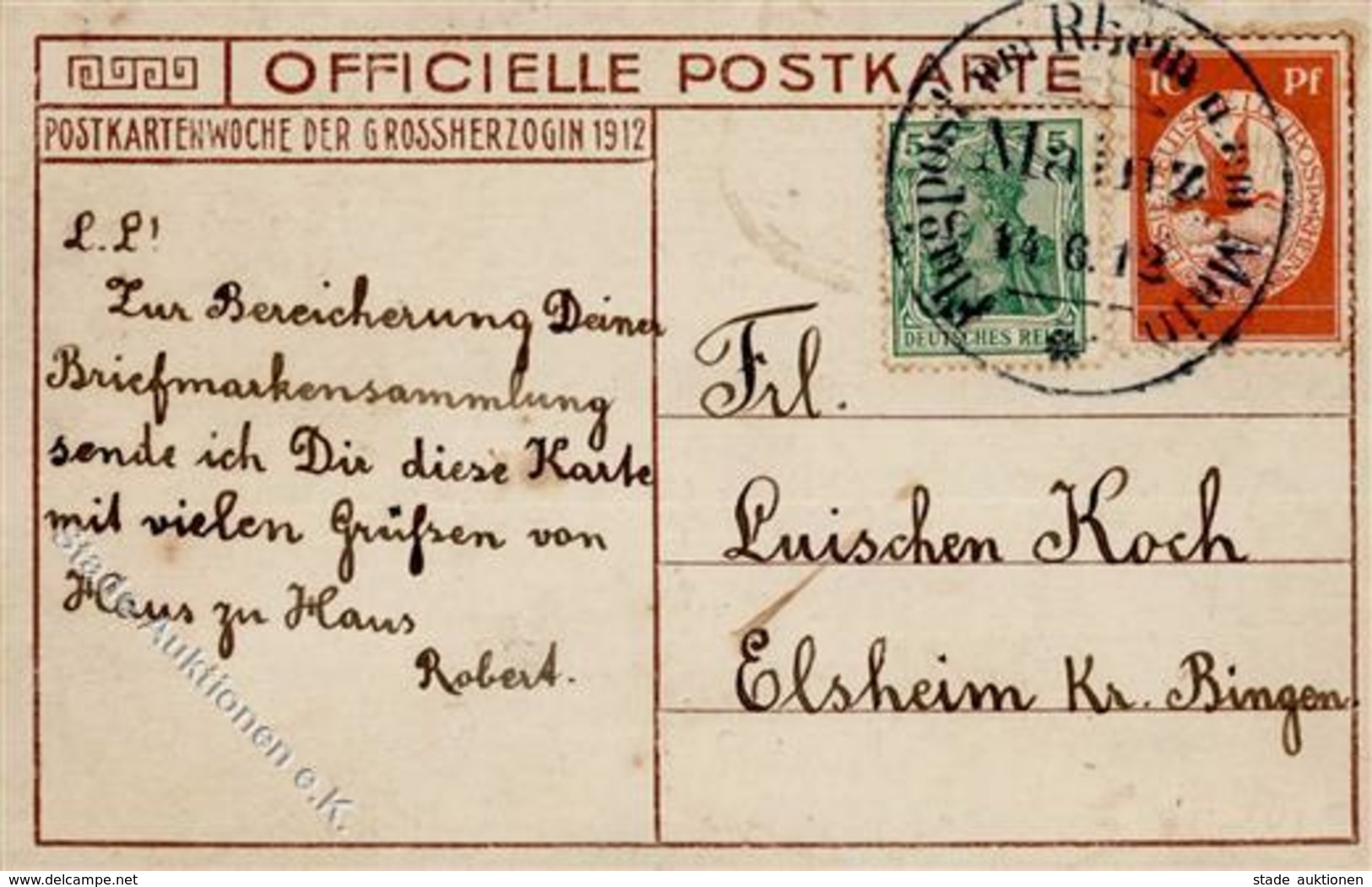 Flugpost DR 1912, Mi.Nr.I U.a., 10 Pf Flugpost Am Rhein, Mit 5 Pf Germania, Altersspuren, Auf Offiz. Postkarte (Großherz - Balloons