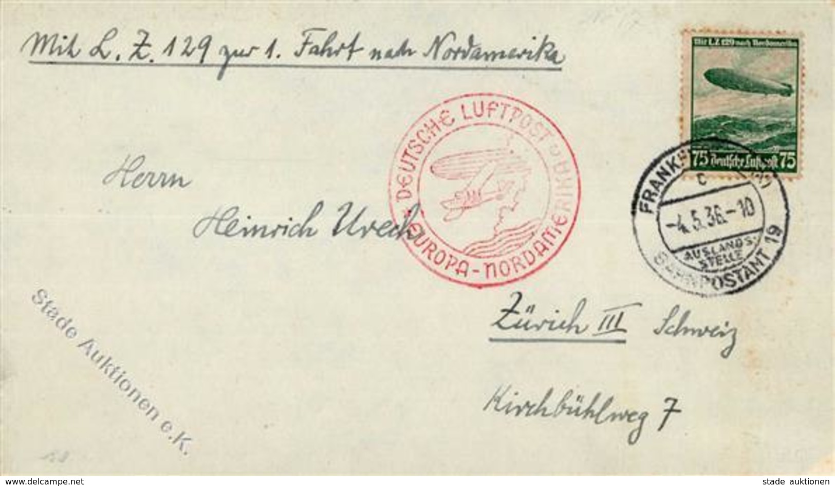 Zeppelinpost, DR Mi.-Nr.607, 1936, 75 Pf Zeppelin, Altersspuren, Aufgabe-K2 FRANKFURT 4.5.36", 1. Nordamerikafahrt, Brie - Zeppeline