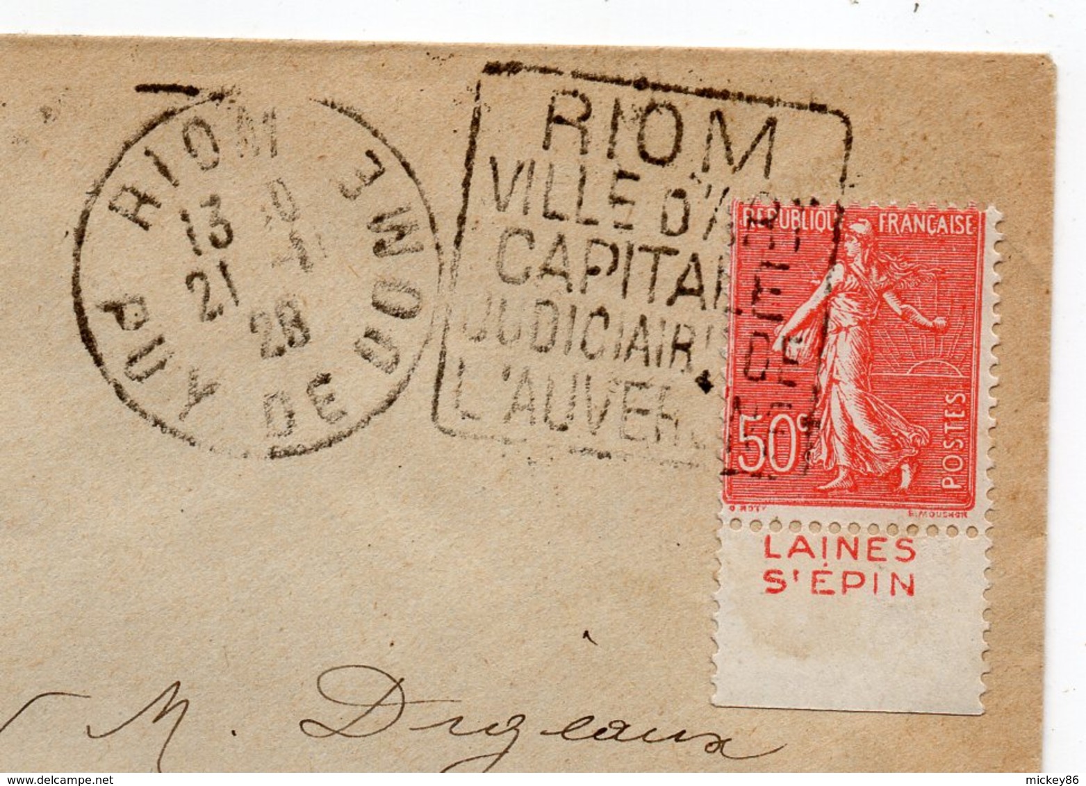 1928-Lettre De RIOM-63 Pour PARIS-75-cachet Daguin -Type Semeuse Lignée Avec Bande Publicitaire"Laines St Epin" - 1921-1960: Période Moderne