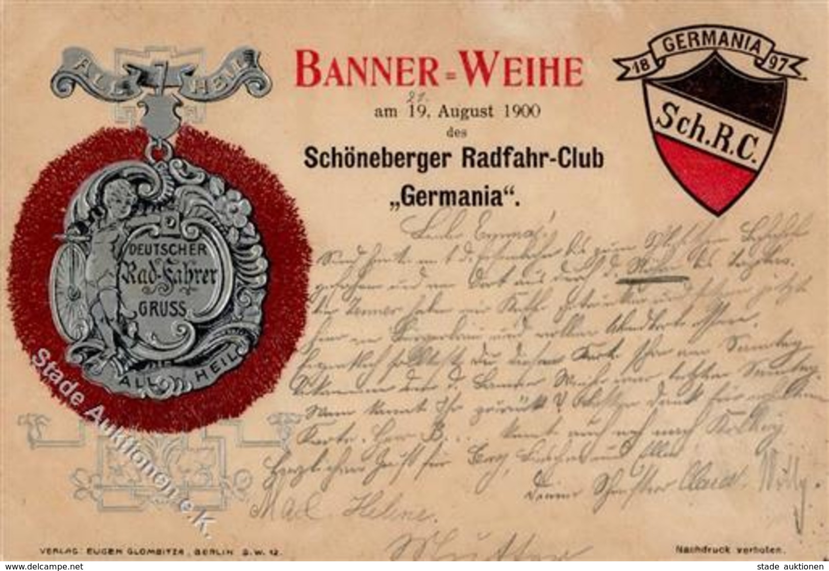 Fahrrad Banner Weihe Schöneberger Radfahr Club Germania Prägedruck 1900 I-II Cycles - Trains