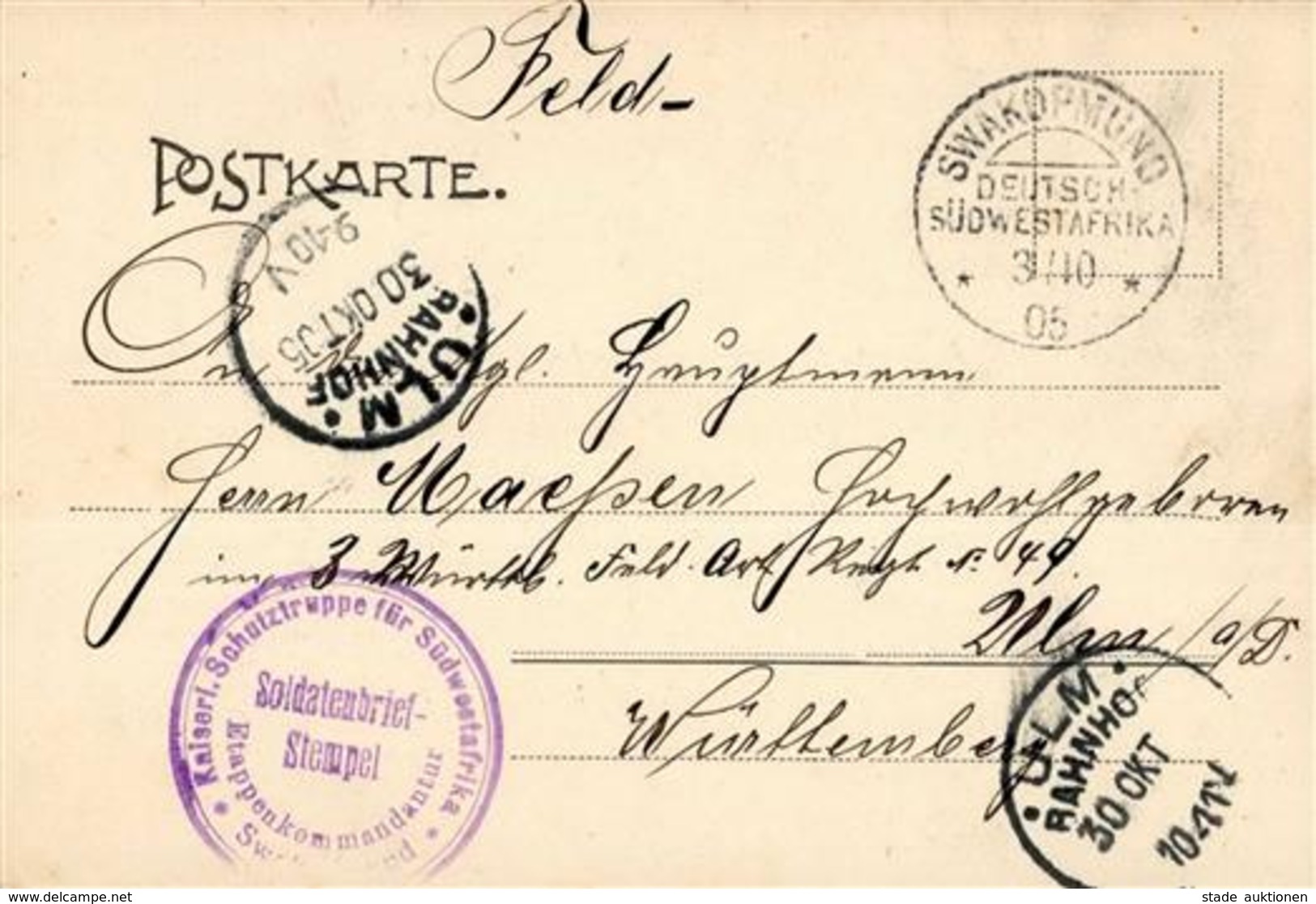 Kolonien Deutsch-Südwestafrika Feldpostkarte Stpl. Swakopmund  3.10.05 U. Kaiserl. Schutztruppe Für Südwestafrika Etappe - Afrique