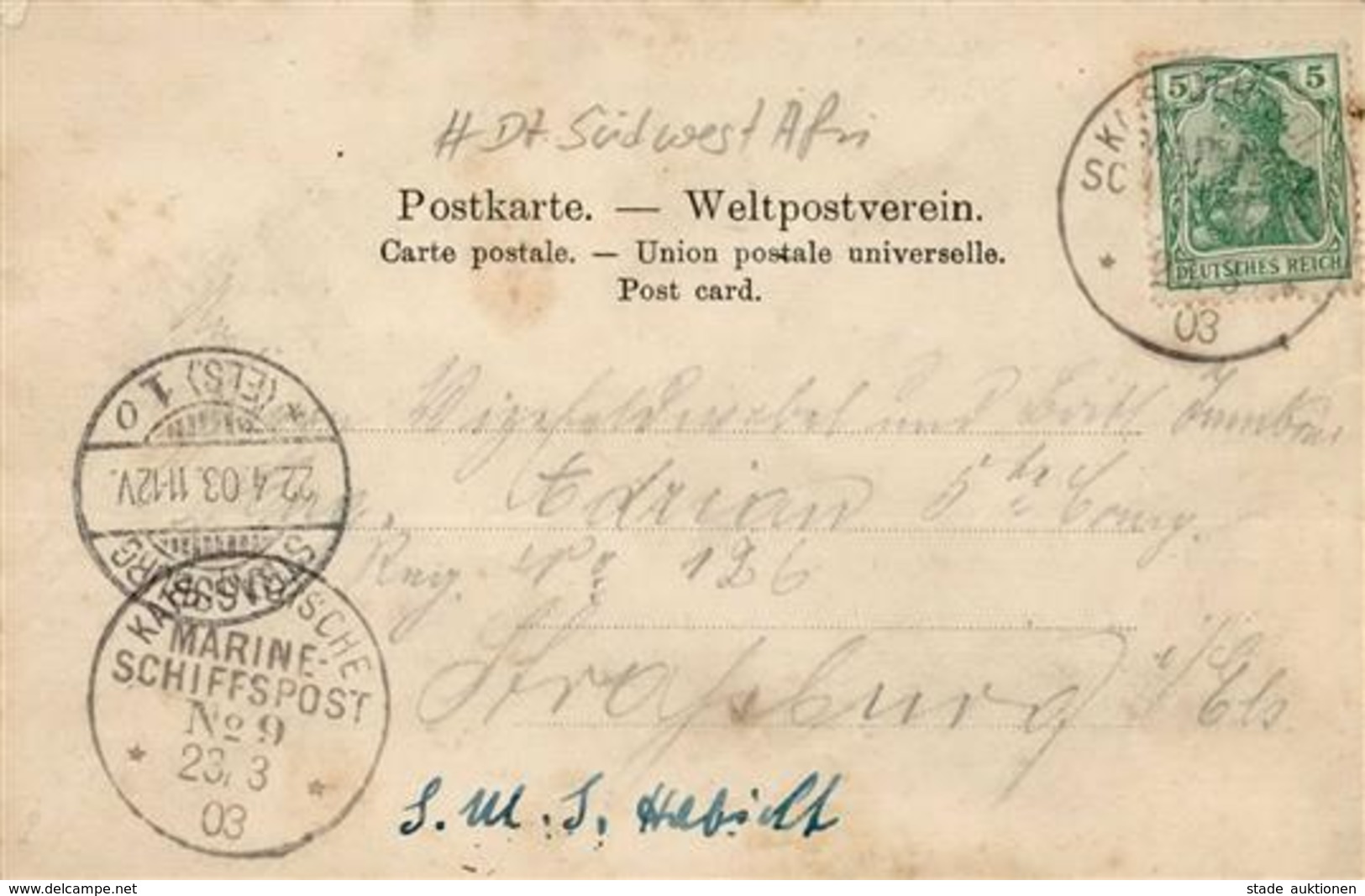 Kolonien Deutsch-Südwestafrika SMS Habicht Stpl. Kais. Deutsche Marine Schiffspost No. 9 23.3.03 I-II (fleckig) Colonies - Africa