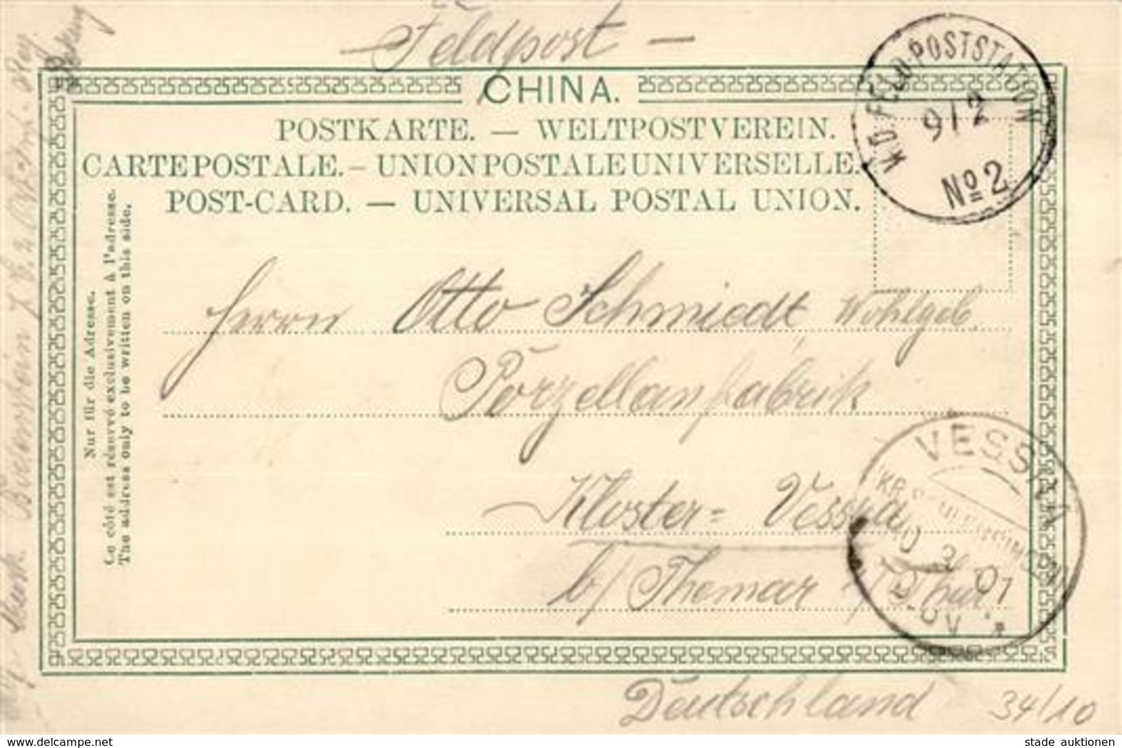 Kolonien Kiautschou Peking Stpl. K. D. Feldpoststation 9/2  Nr. 2 U. Vessra 30.3.01 I-II Colonies - Unclassified