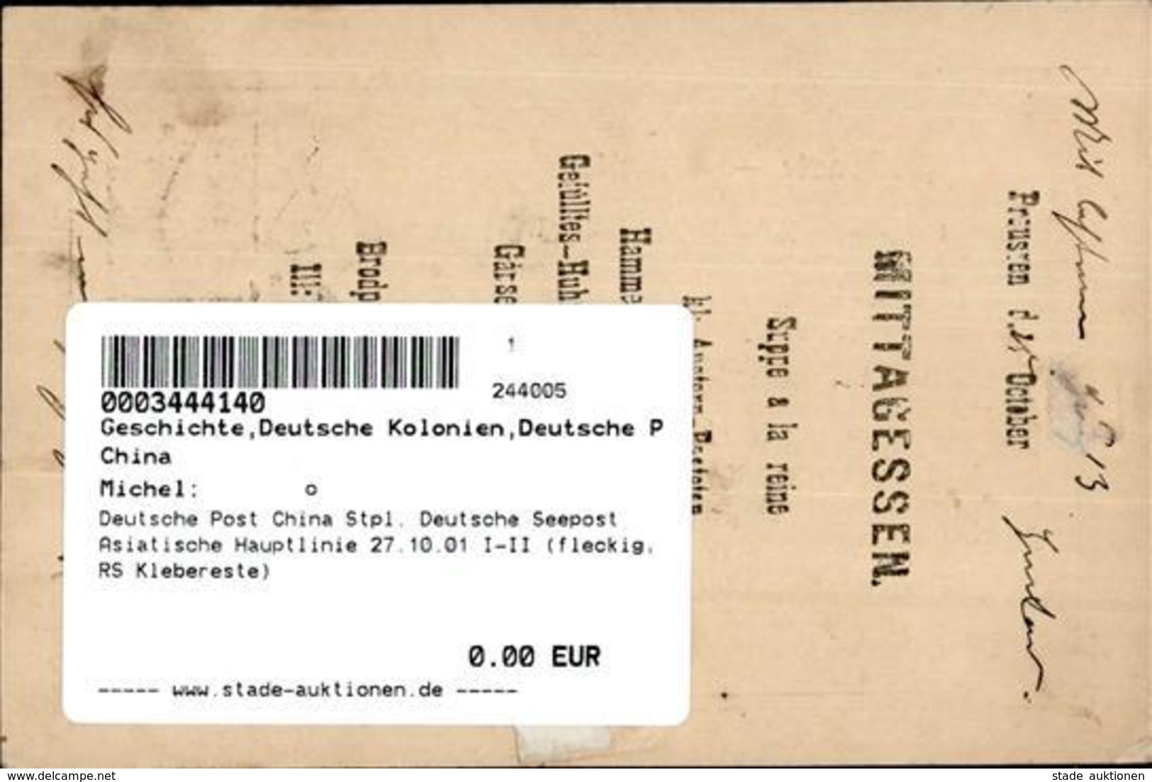 Deutsche Post China Stpl. Deutsche Seepost Asiatische Hauptlinie 27.10.01 I-II (fleckig, RS Klebereste) - Non Classés