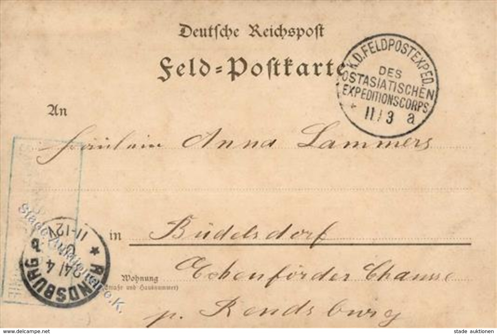 Deutsche Post China Stpl. K.D. Feldpostexped. Des Ostasiatischen Expeditionscorps 11.3. A Nach Rendsburg 1901 I-II - Unclassified