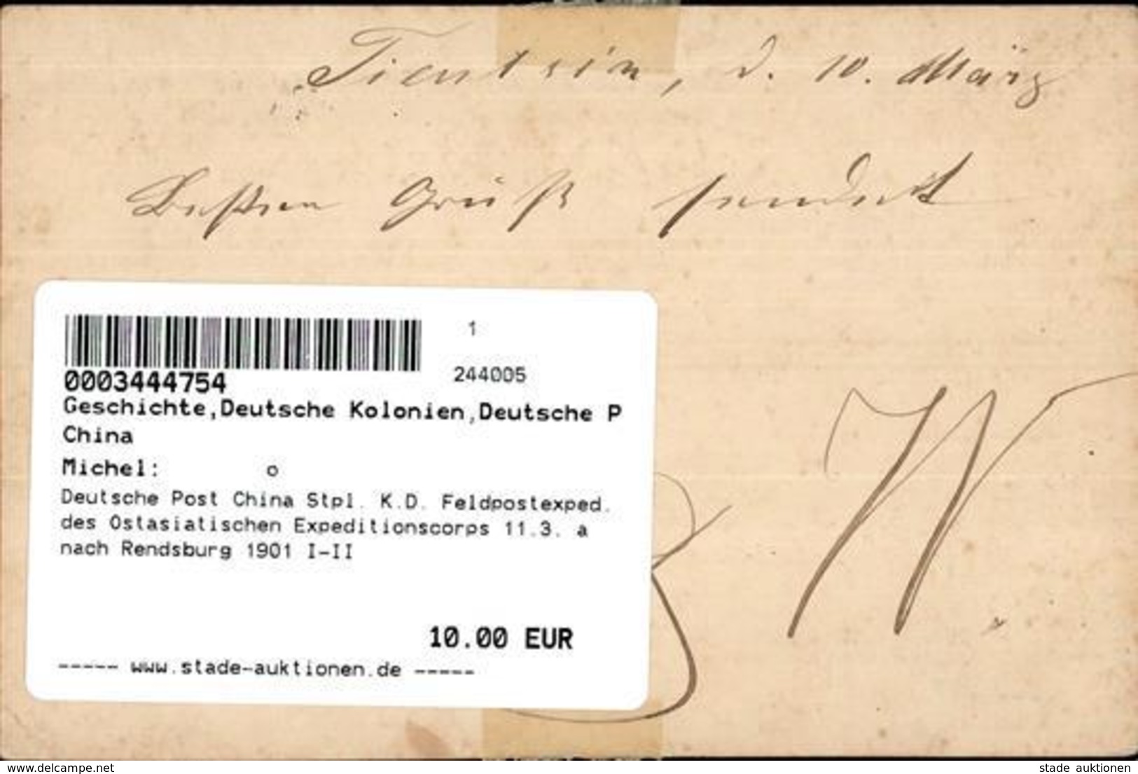 Deutsche Post China Stpl. K.D. Feldpostexped. Des Ostasiatischen Expeditionscorps 11.3. A Nach Rendsburg 1901 I-II - Ohne Zuordnung