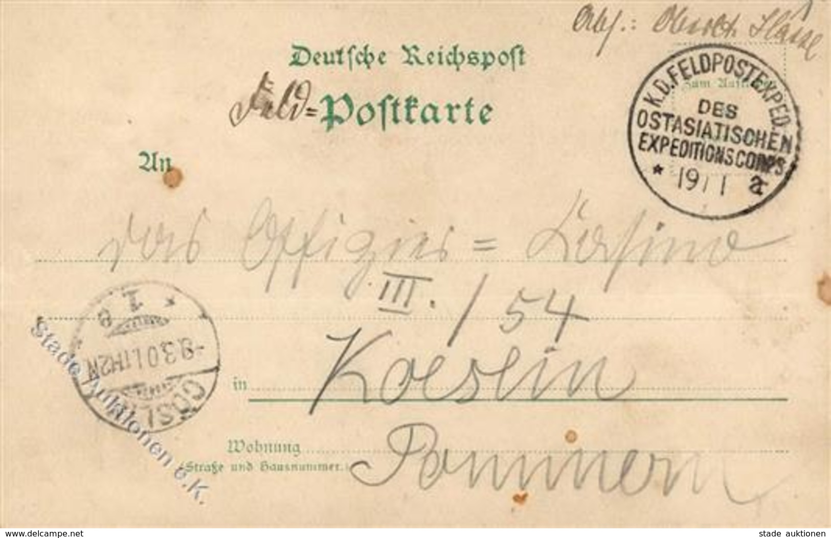 Deutsche Post China Stpl. K.D. Feldpostexped. Des Ostasiatischen Expeditionscorps 19.1. A Nach Köslin 1901 I-II (Abschür - Non Classés