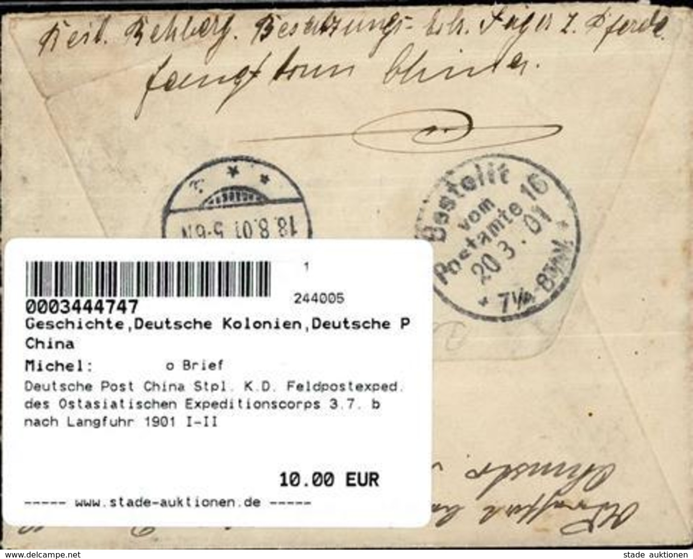 Deutsche Post China Stpl. K.D. Feldpostexped. Des Ostasiatischen Expeditionscorps 3.7. B Nach Langfuhr 1901 I-II - Unclassified