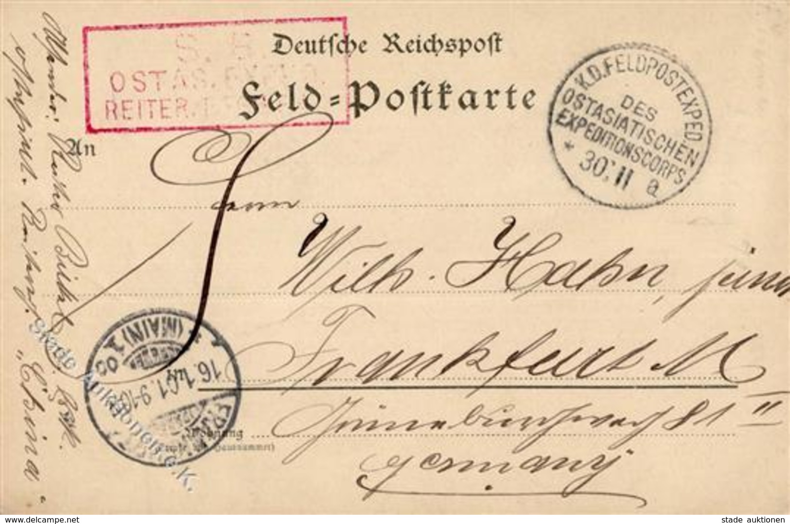 Deutsche Post China Stpl. K.D. Feldpostexped. Des Ostasiatischen Expeditionscorps 30.11. A Nach Frankfurt 19 01 I-II - Non Classés