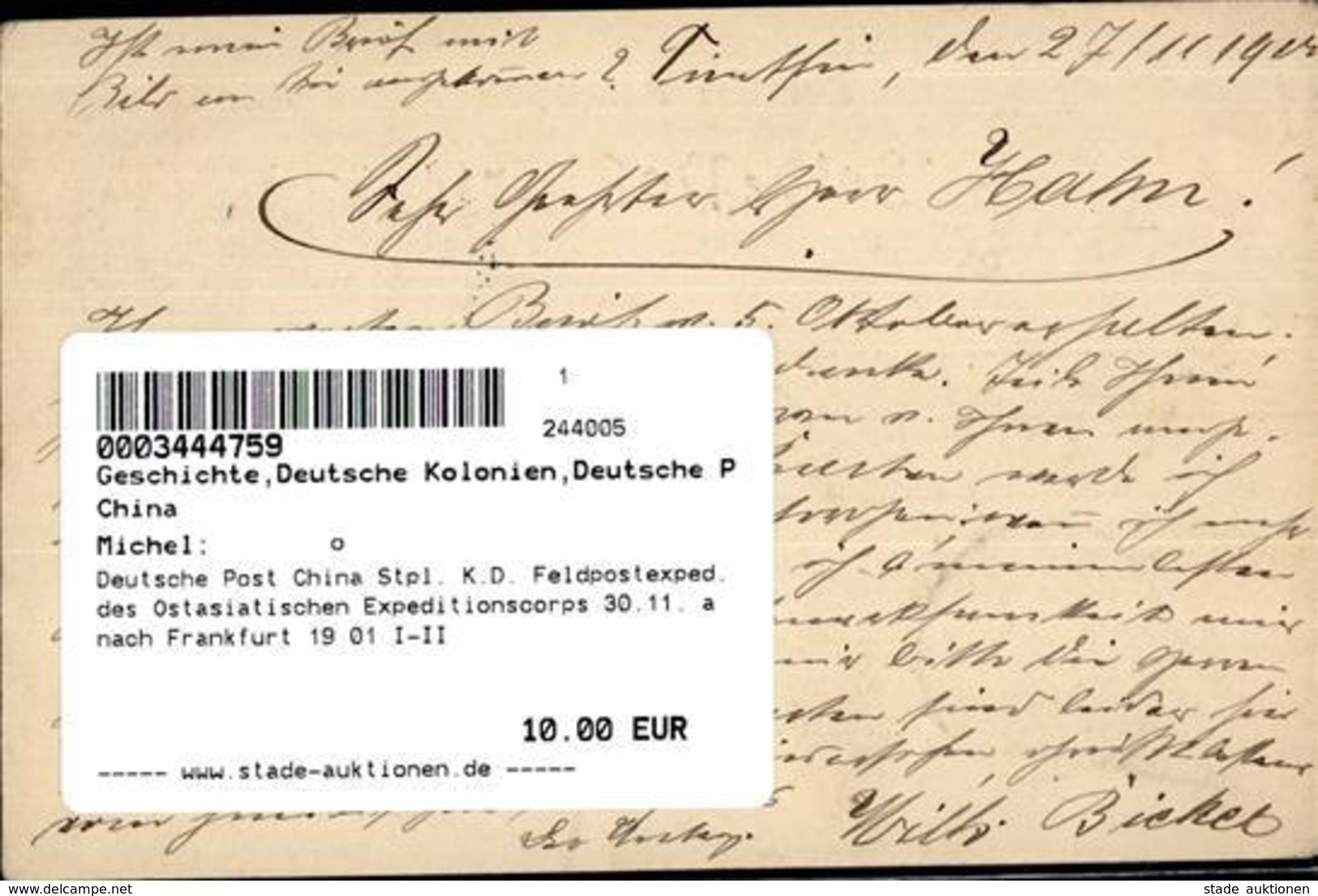 Deutsche Post China Stpl. K.D. Feldpostexped. Des Ostasiatischen Expeditionscorps 30.11. A Nach Frankfurt 19 01 I-II - Unclassified