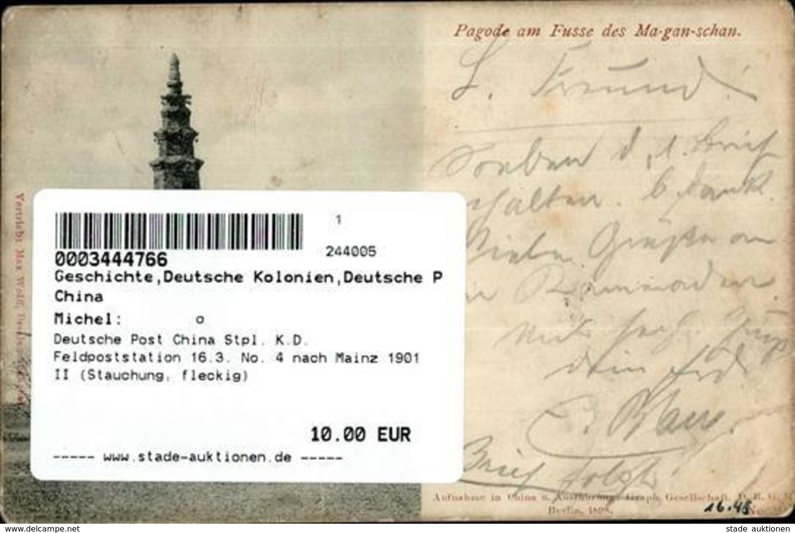 Deutsche Post China Stpl. K.D. Feldpoststation 16.3. No. 4 Nach Mainz 1901 II (Stauchung, Fleckig) - Non Classés