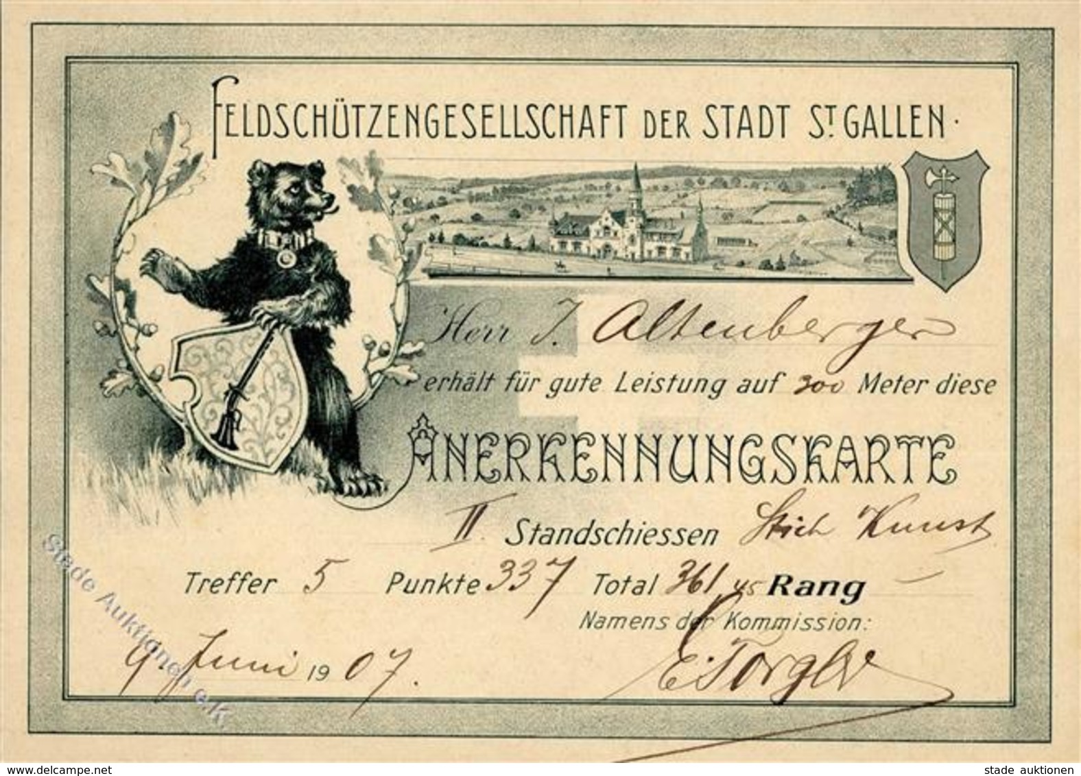Schützen St. Gallen Schweiz Anerkennungskarte II. Standschießen 1907 I-II - Shooting (Weapons)