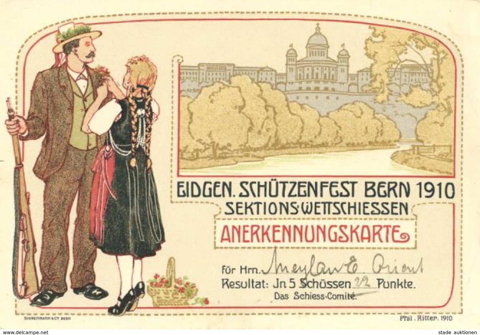 Schützenfest Bern Schweiz Sektionswettschießen Anerkennungskarte 1910 I-II - Shooting (Weapons)