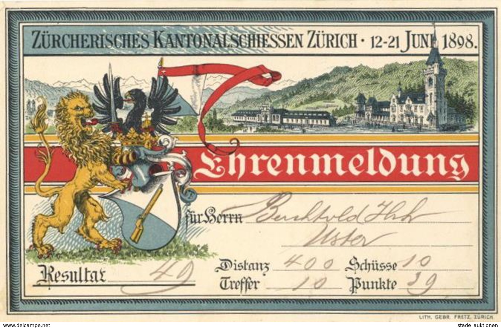 Schützenfest Zürich Schweiz 1898 Ehrenmeldung I-II - Tir (Armes)