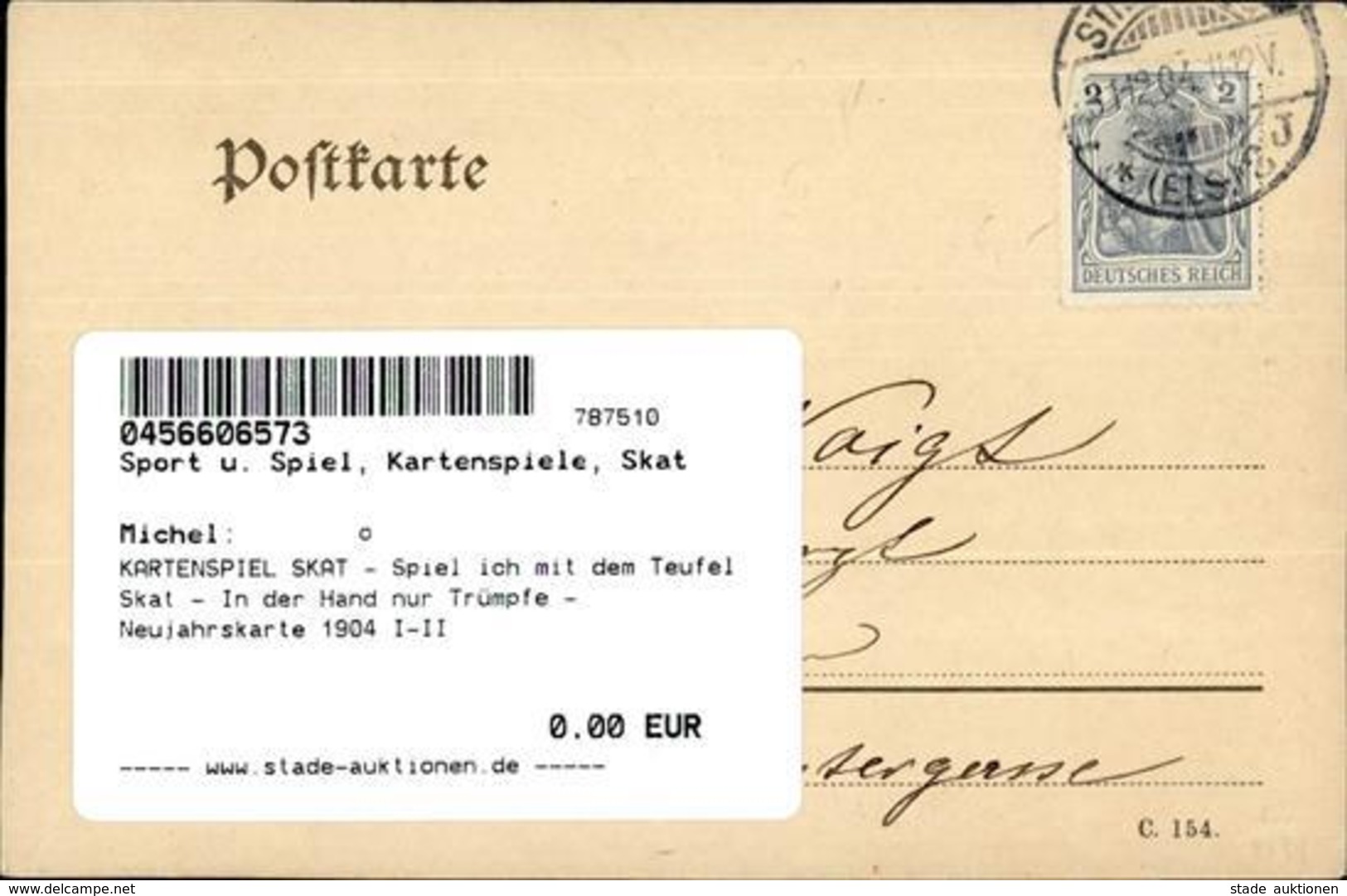 KARTENSPIEL SKAT - Spiel Ich Mit Dem Teufel Skat - In Der Hand Nur Trümpfe - Neujahrskarte 1904 I-II - Other & Unclassified