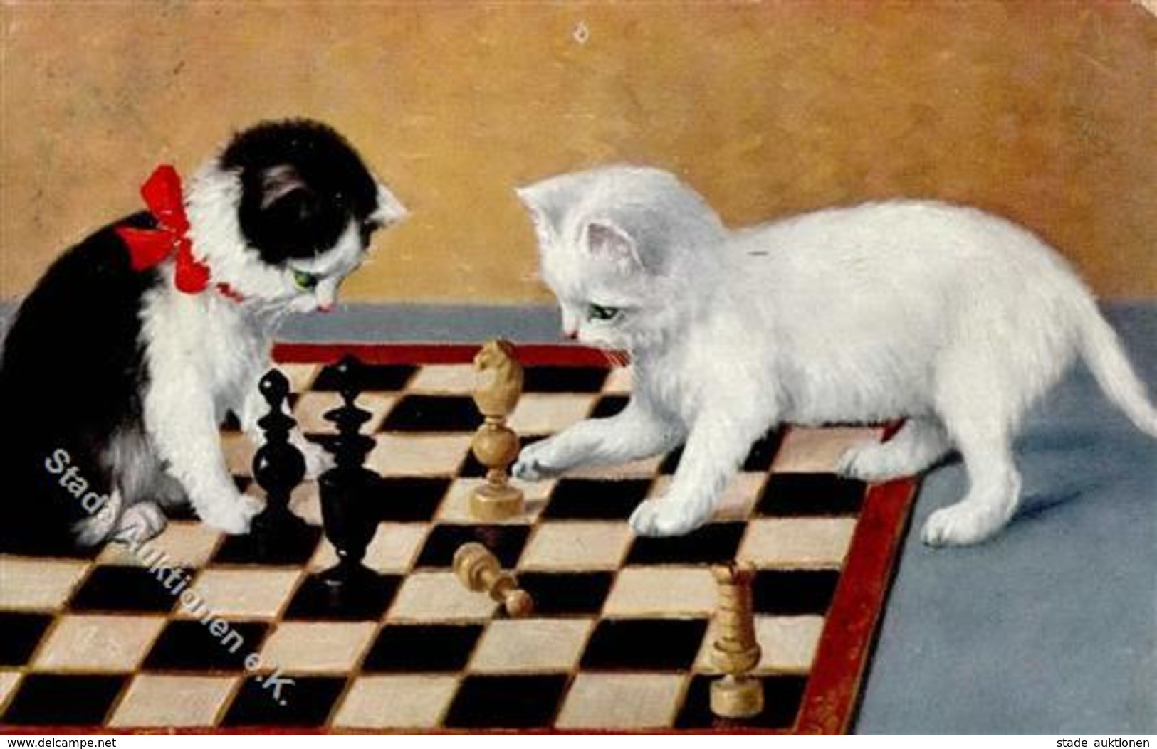 Schach Katzen  Künstlerkarte I-II Chat - Schach