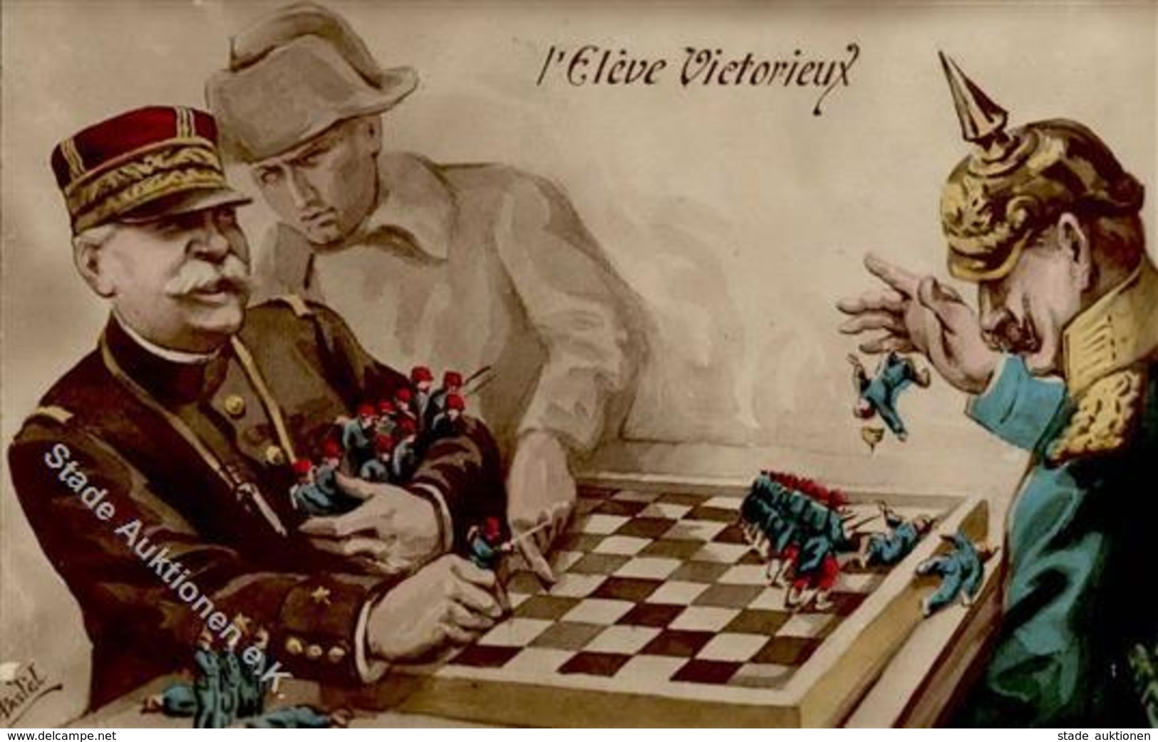 Schach WK I Kaiser Wilhelm II Napoleon Sign. Pastel Künstlerkarte I-II - Chess