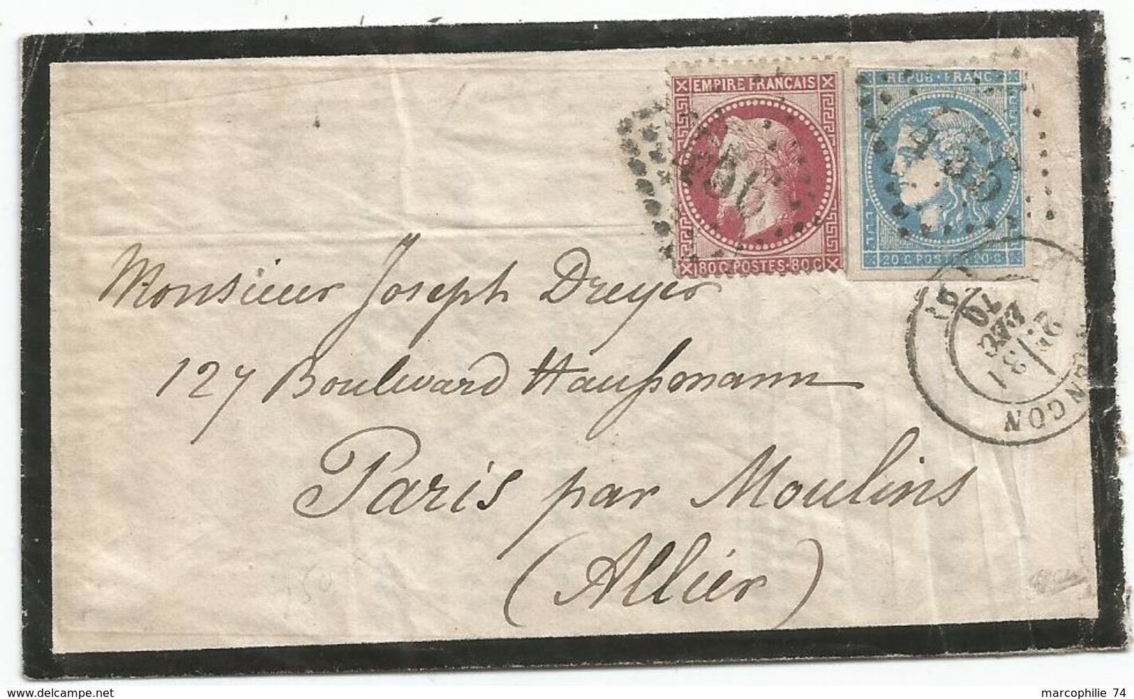 BORDEAUX 20C + 80C LAURE BOULE DE MOULINS GC 456 BESANCON 31 DEC 1870 ENVELOPPE DEUIL PARIS PAR MOULINS SIGNE CALVES - 1849-1876: Période Classique