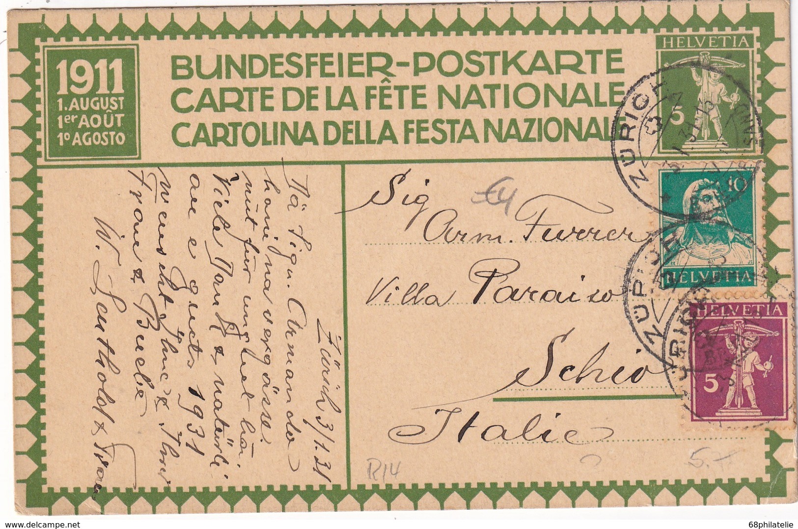 SUISSE    ENTIER POSTAL/GANZSACHE/POSTAL STATIONERY CARTE FETE NATIONALE 1911 DE ZURICH - Stamped Stationery