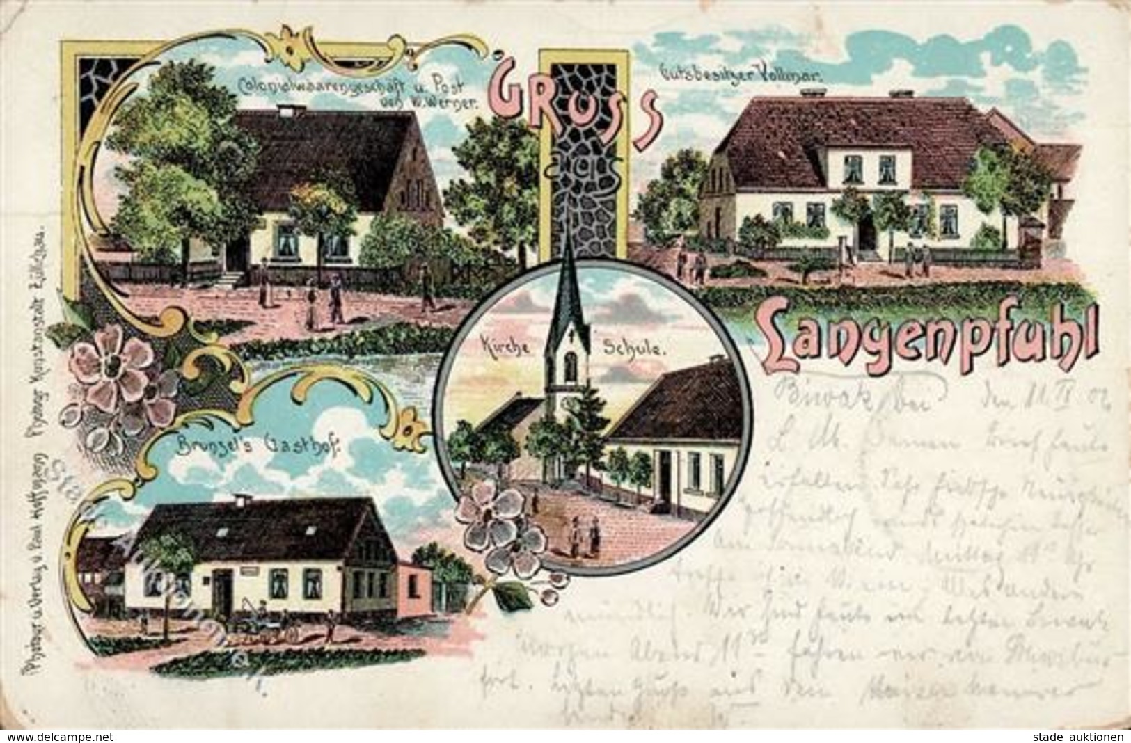 Langenpfuhl Gasthaus Brunzel Kolonialwarenhandlung Postamt Werner Lithographie 1902 II- (Stauchung, Einriss) - Cameroun