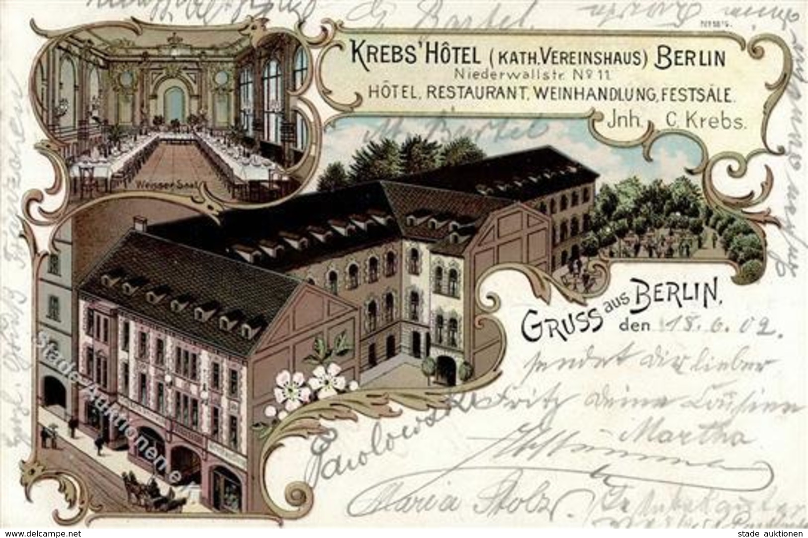 Berlin Mitte (1000) Hotel Gasthaus Krebs Kath. Vereinshaus Weinhandlung  Lithographie 1902 I-II - Kamerun