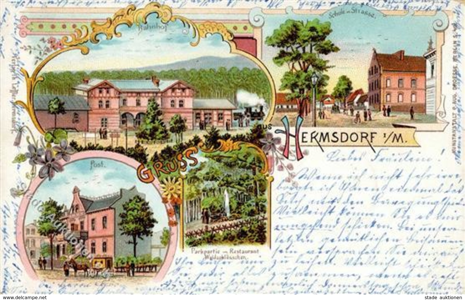 Hermsdorf (1000) Bahnhof Eisenbahn Postamt Postkutsche Gasthaus Waldschlösschen Lithographie 1898 II (Stauchung) Chemin  - Kamerun