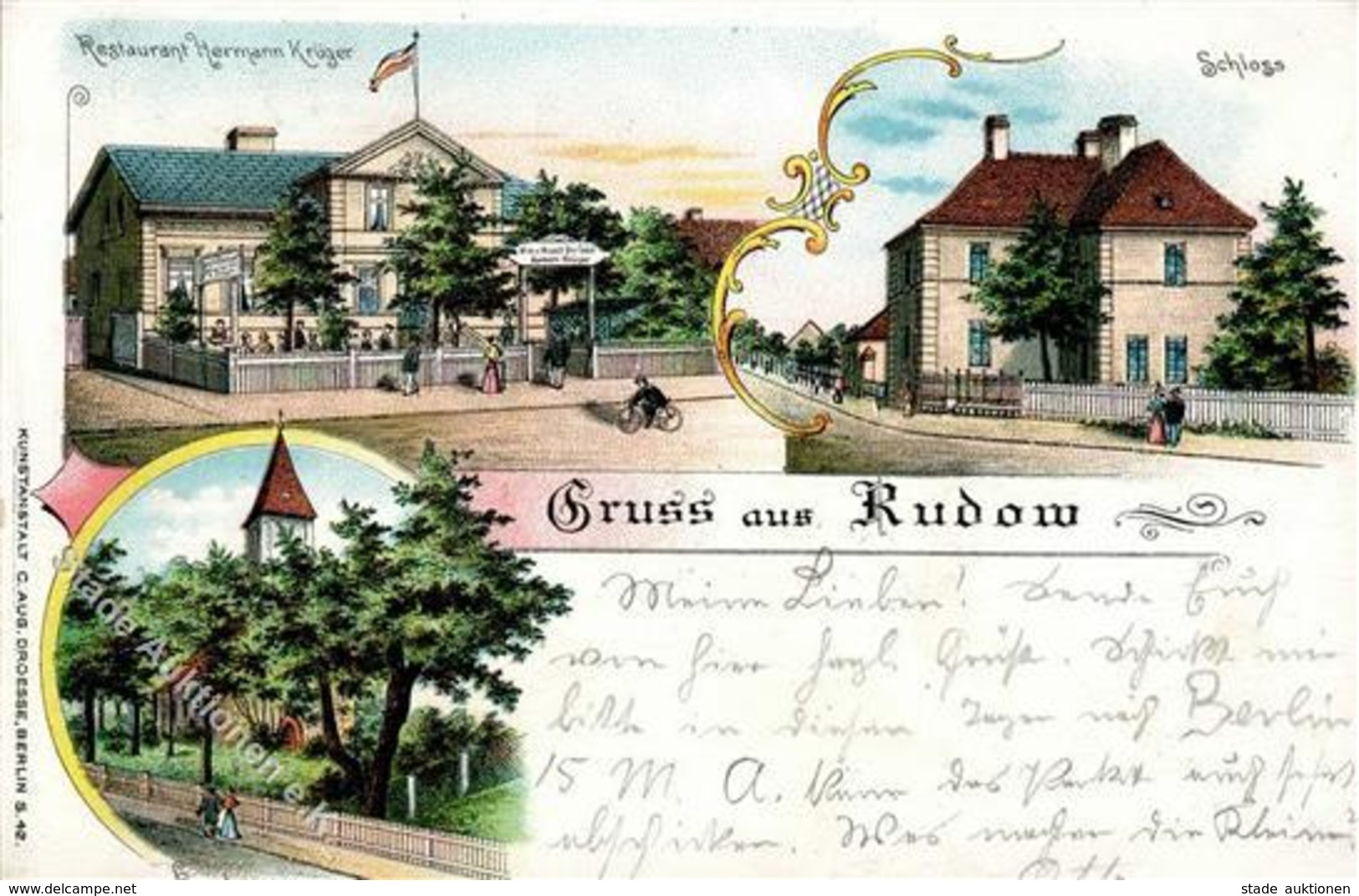 Rudow (1000) Gasthaus H. Krüger Kirche Schloss  Lithographie 1901 I-II - Cameroun