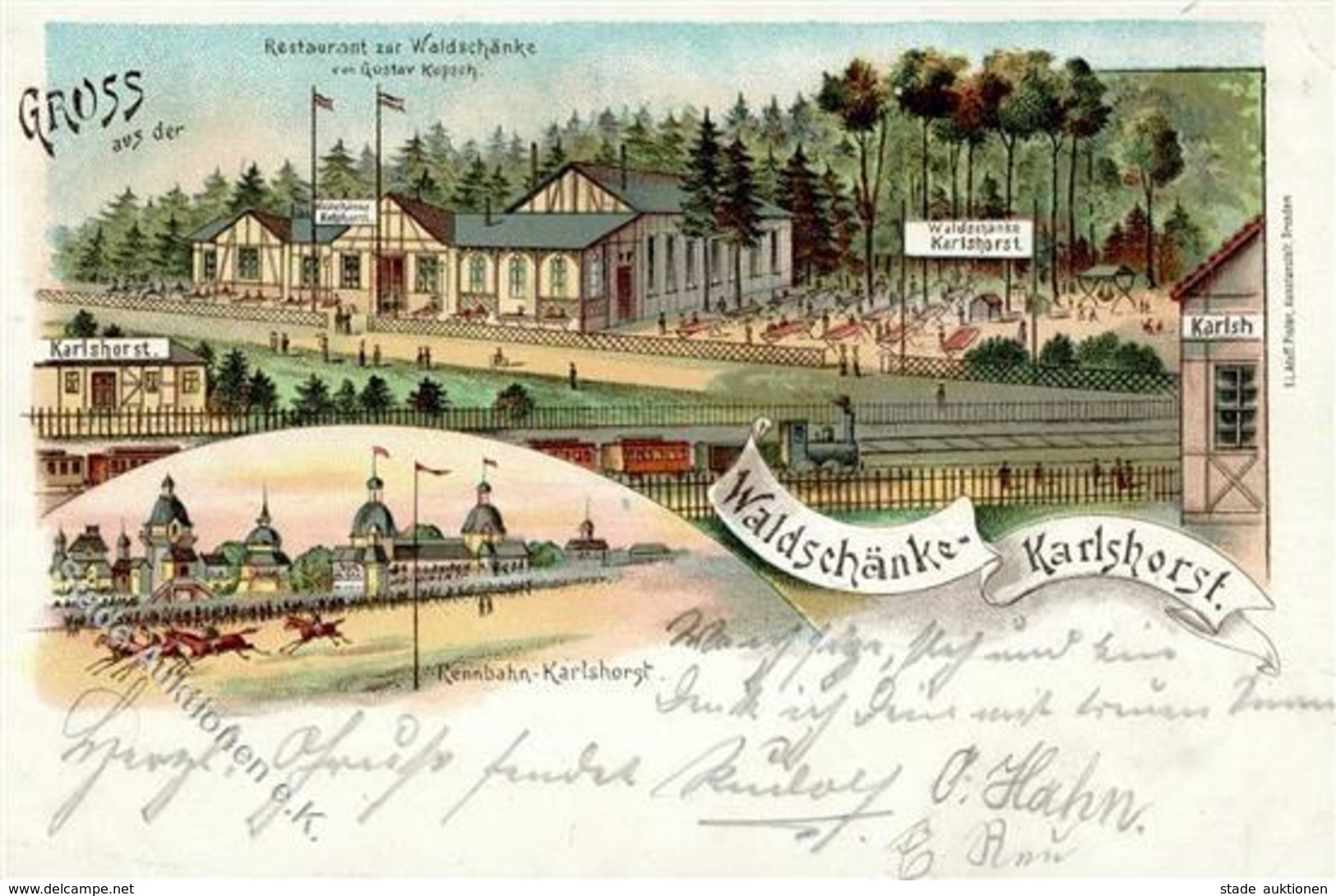 Karlshorst (O1157) Gasthaus Zur Waldschänke Eisenbahn Pferderennbahn Lithographie 1902 II (Stauchung) Chemin De Fer - Cameroon