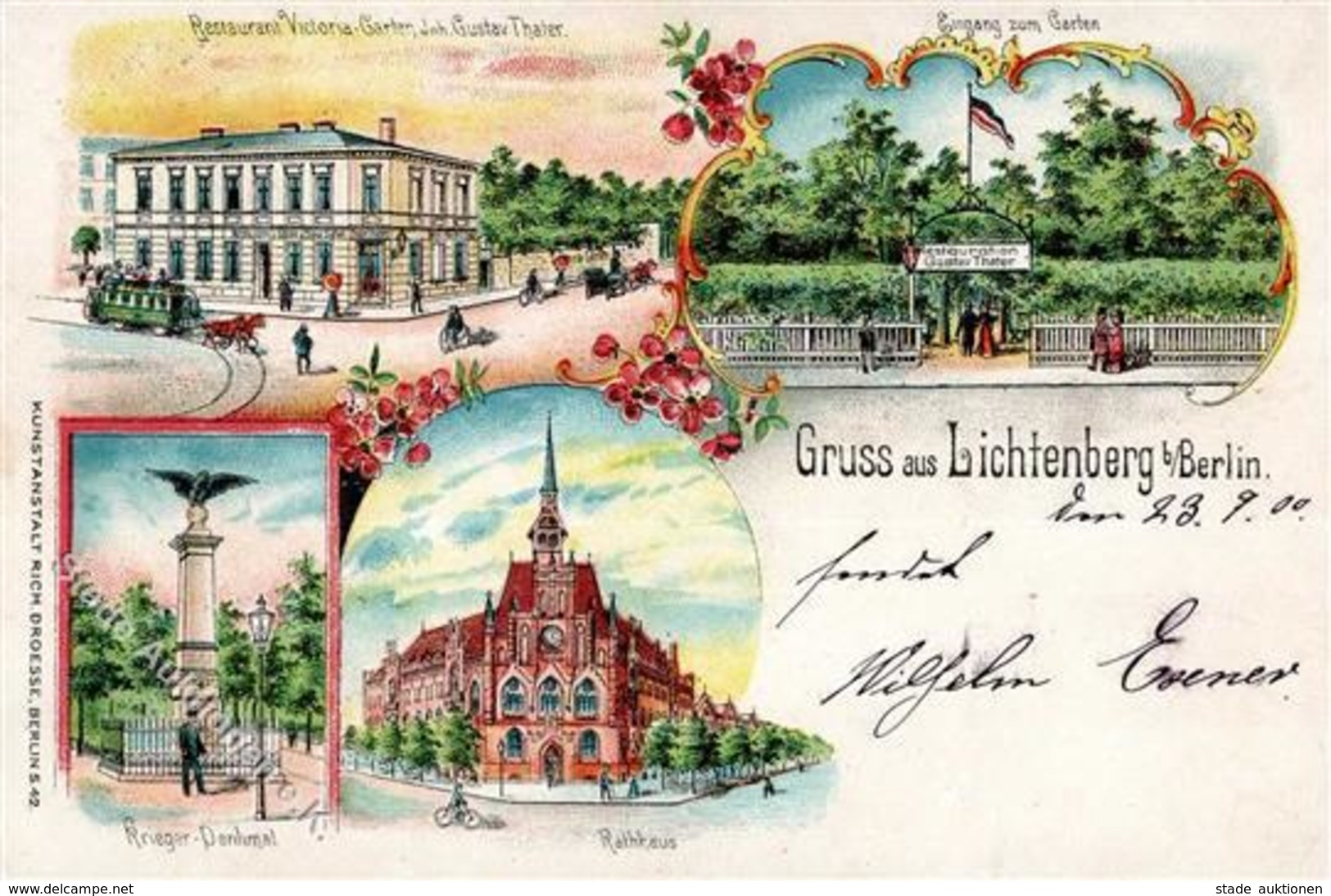 Lichtenberg (O1130) Gasthaus Victoria-Garten Gustav Thater Rathaus Lithographie 1900 I-II (Ecken Abgestoßen) - Kamerun