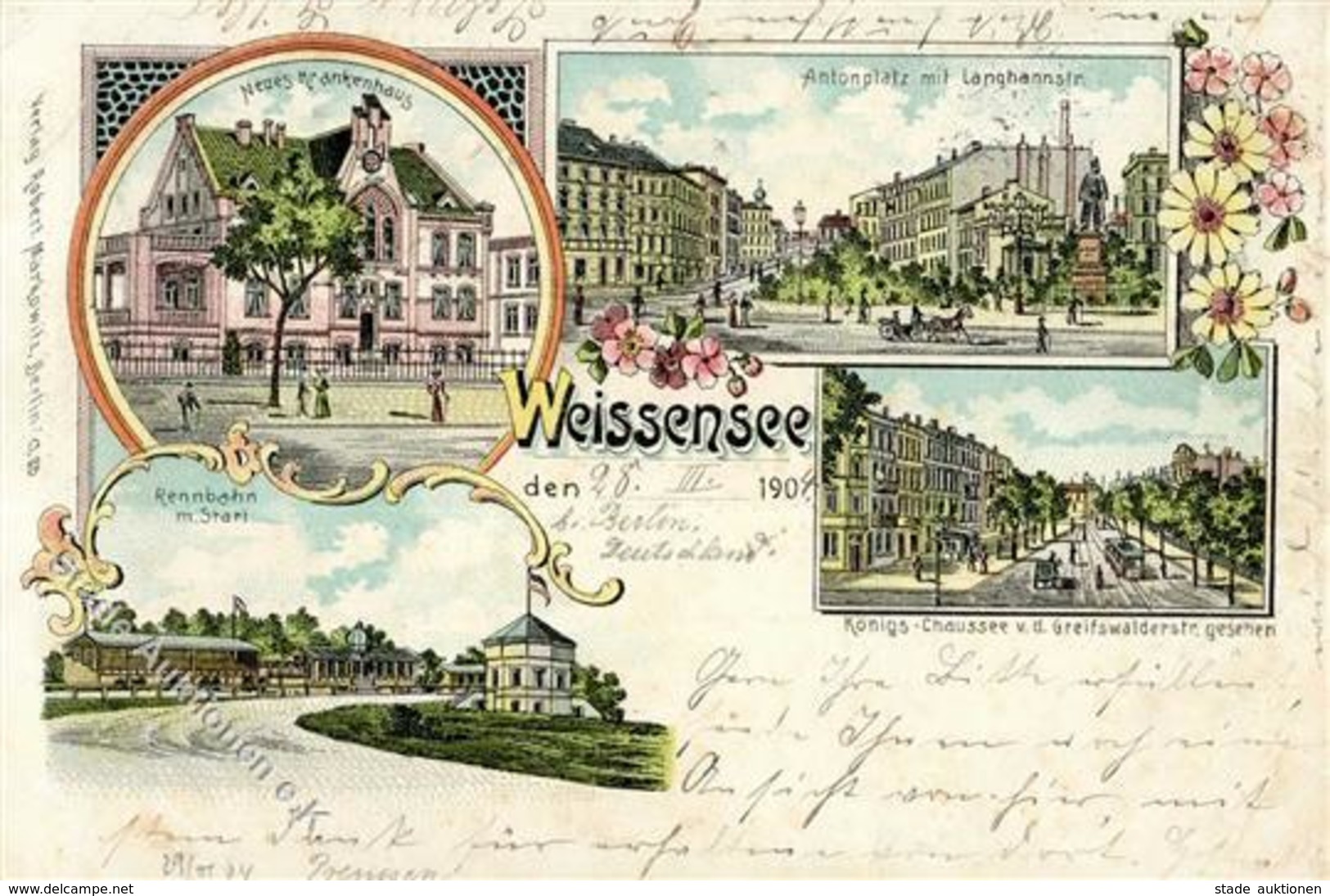 Weißensee (O1120) Krankenhaus Königschaussee Straßenbahn Antonplatz Lithographie 1904 II (Stauchung) - Kamerun