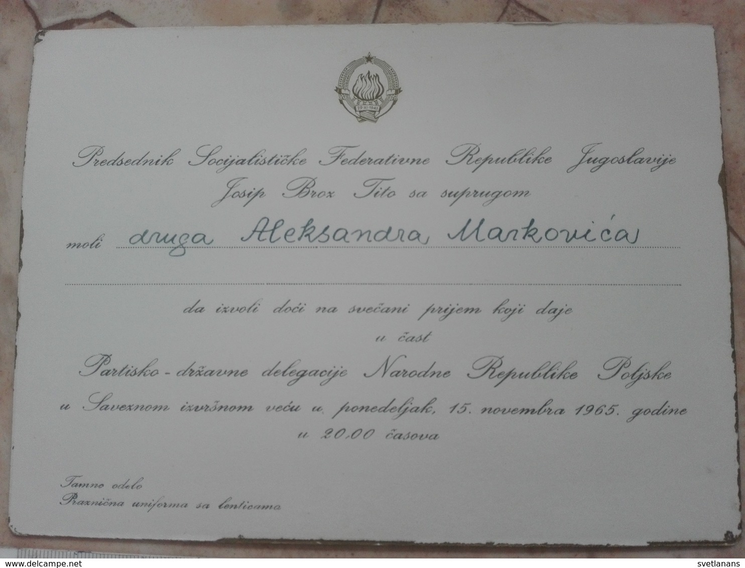 1965 SFRJ YUGOSLAVIA JOSIP BROZ TITO INVITATION CARD RECEPTION POLAND REPUBLIC FEDERAL COUNCIL POLITICAL PARTY POLITICS