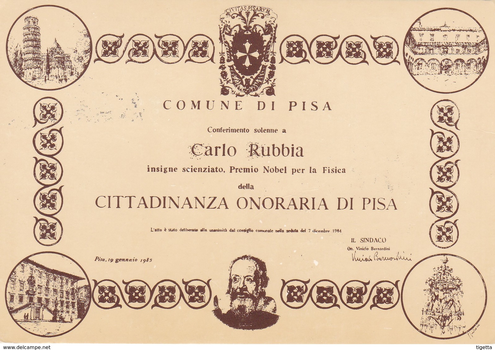 ITALIA  MARCOFILIA PISA CITTADINANZA ONORARIA DI PISA A CARLO RUBBIA 1985 - Altri & Non Classificati
