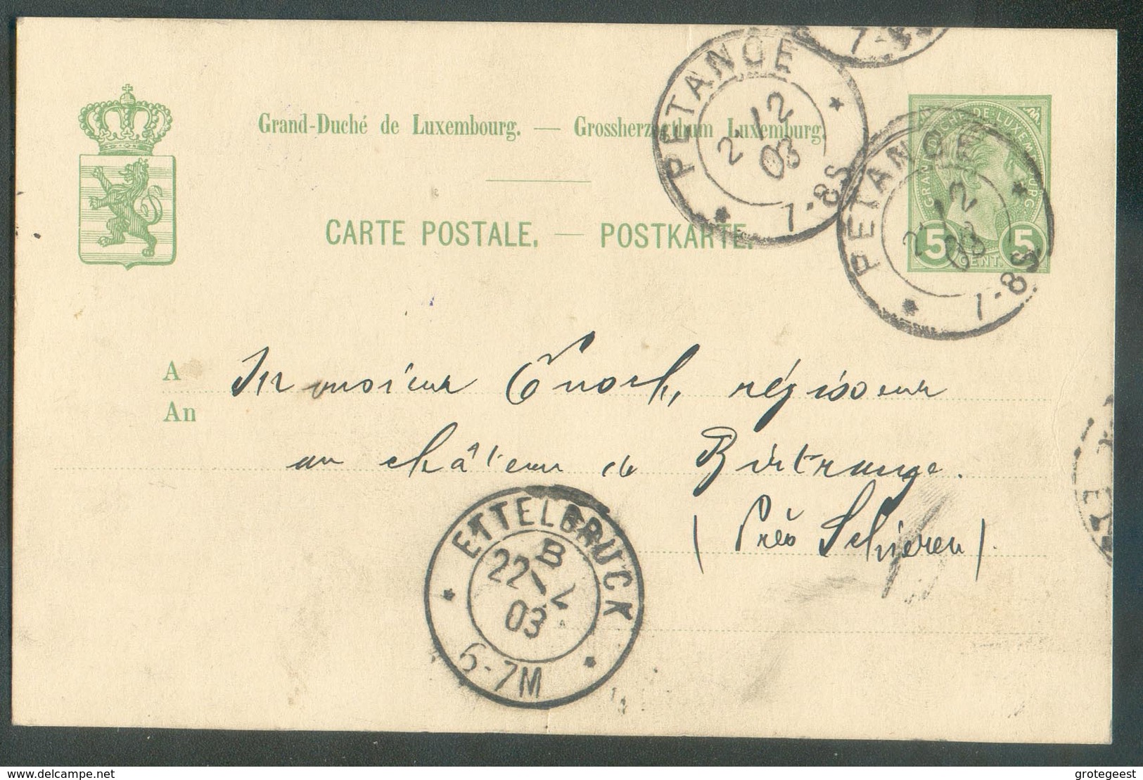 E.P. Carte 5c. Obl. Dc PETANGE Le 22-2-1903 Vers Birtrange Via Ettelbruck - 13499  CHEMIN DE FER PRINCE HENRI - Ganzsachen