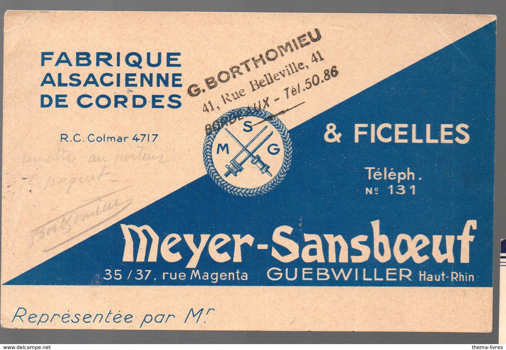 Guebwiller (68 Haut Rhin) Carte MEYER SANSBOEUF (fabrique De Cordes)  (PPP16421) - Publicités