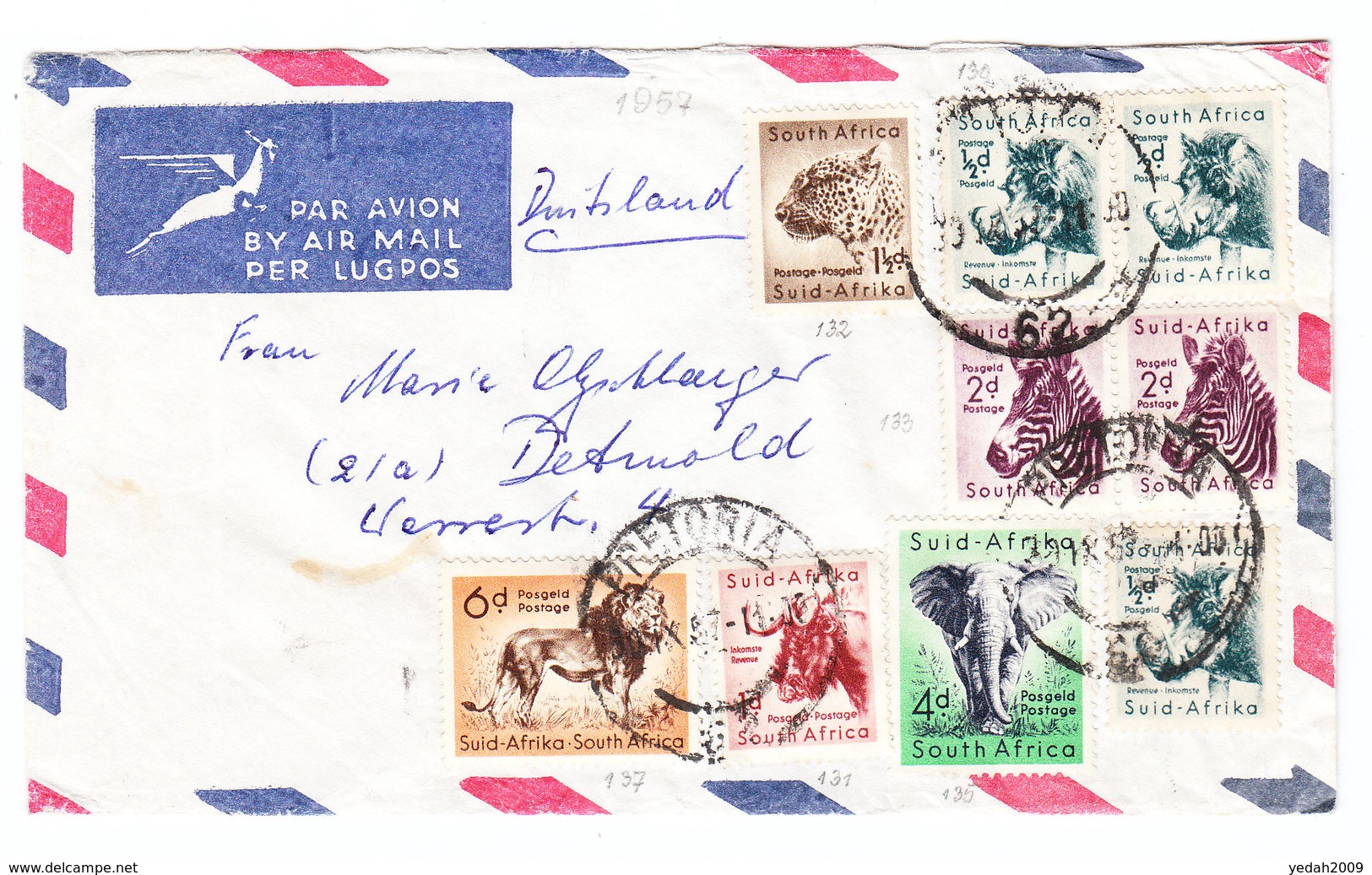 South Africa AIRMAIL COVER TO Germany 1957 - Luchtpost