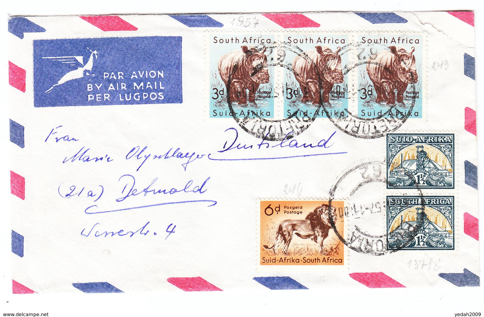 South Africa LION RHINOCEROS AIRMAIL COVER TO Germany 1957 - Poste Aérienne