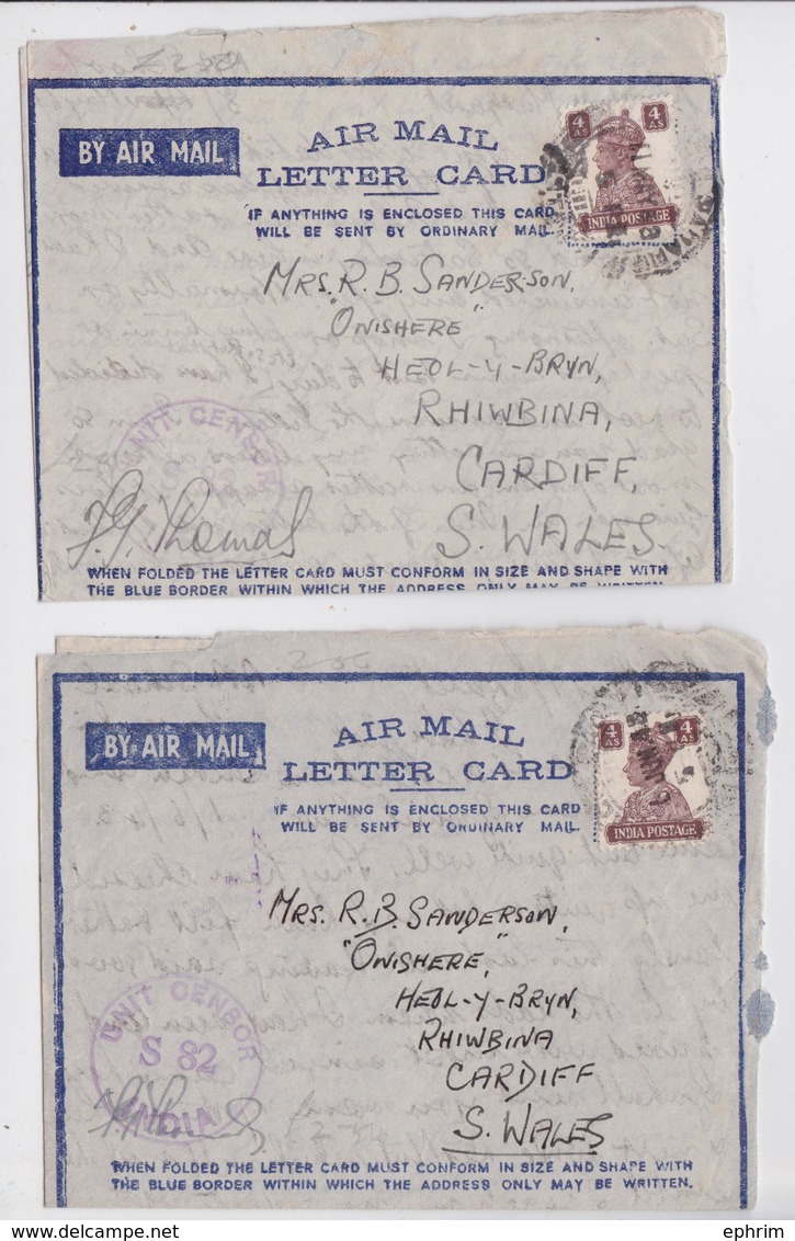 Lot Of 2 British India Raj WW2 Air Mail Letter Card Unit Censor AA School Karachi 1943 - 1936-47 Roi Georges VI