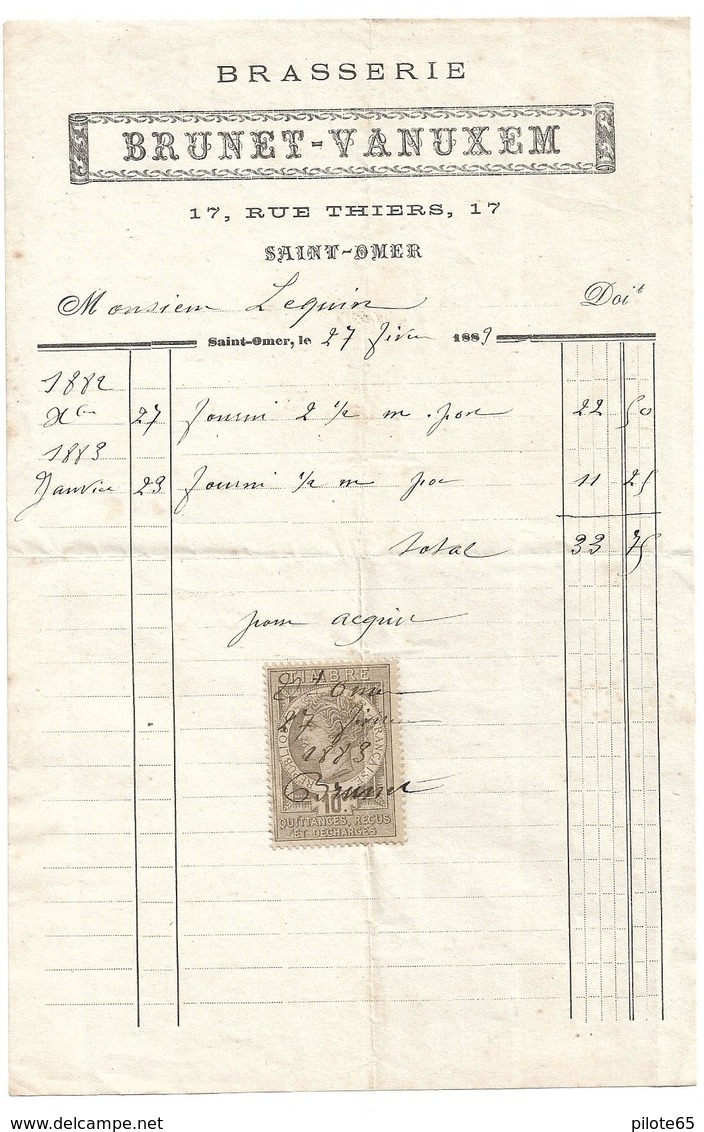 BRASSERIE BRUNEY - VANUXEM 17, RUE THIERS, 17  SAINT - OMER / 27 FEVRIER 1883 - 1800 – 1899