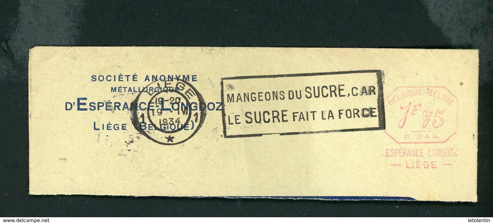 EMPREINTE DE MACHINE A AFFRANCHIR ESPERANCE LONGDOZ LIEGE "E244 Fr 175" DE 1934 SUR FRAGMENT - ...-1959